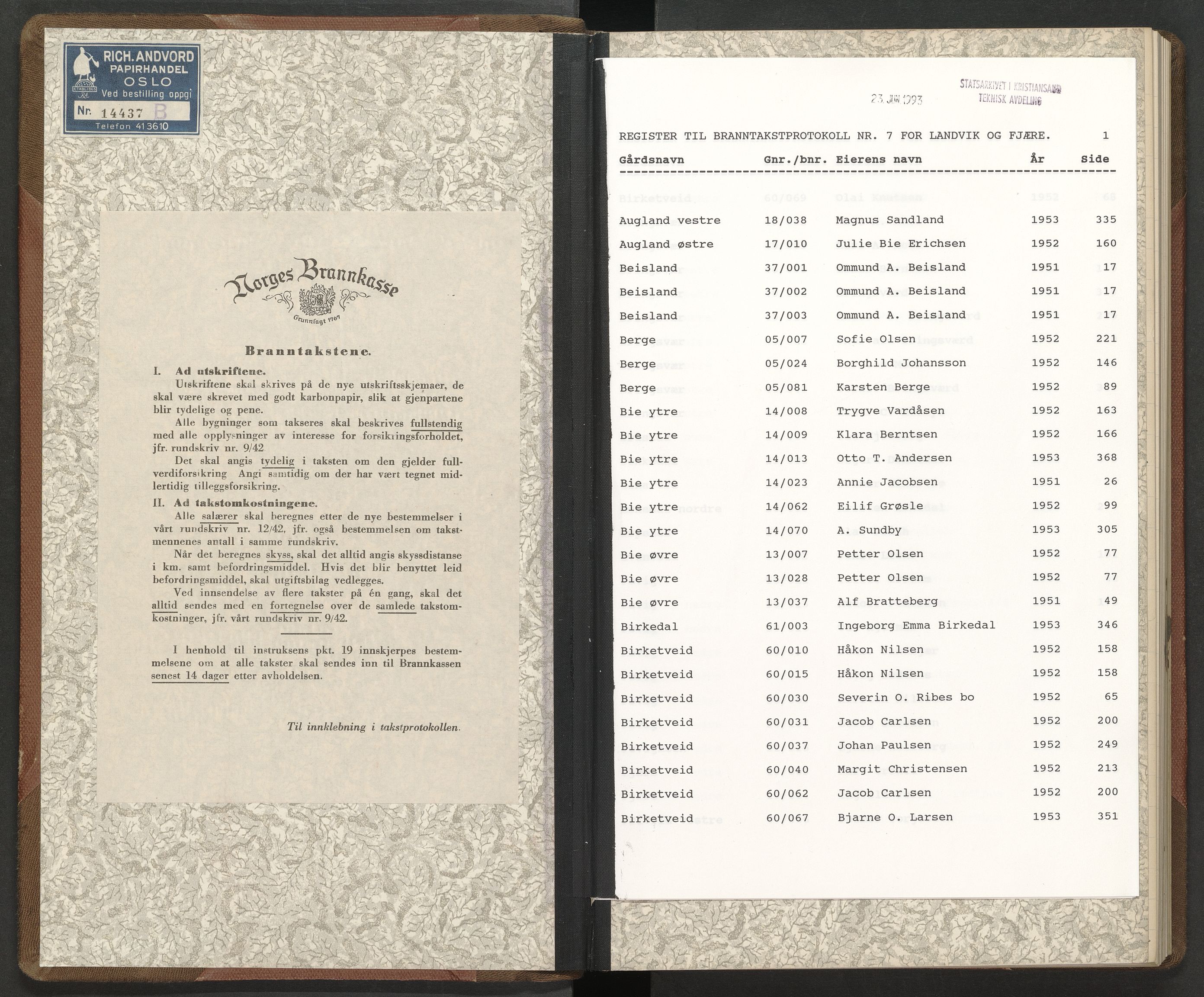 Norges Brannkasse Landvik og Fjære, AV/SAK-2241-0032/F/Fa/L0007: Branntakstprotokoll nr. 7 med gårdsnavnregister, 1951-1953