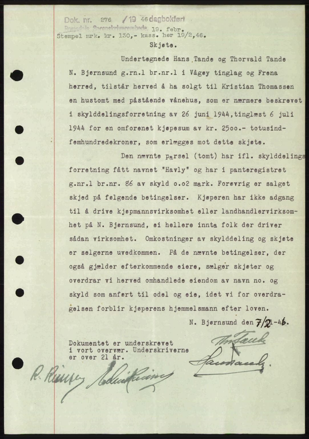 Romsdal sorenskriveri, SAT/A-4149/1/2/2C: Pantebok nr. A19, 1946-1946, Dagboknr: 276/1946
