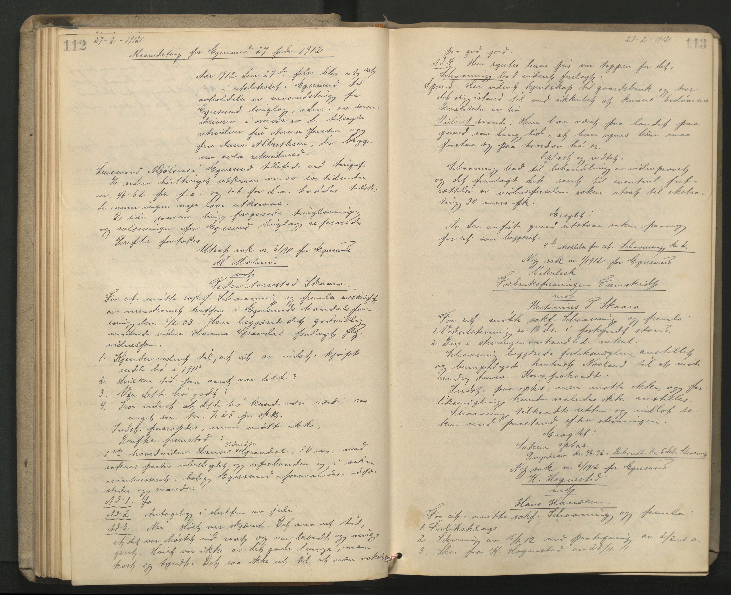 Dalane sorenskriveri, AV/SAST-A-100309/001/3/30/30BA/L0009: TINGBOK, 1911-1916, s. 112-113