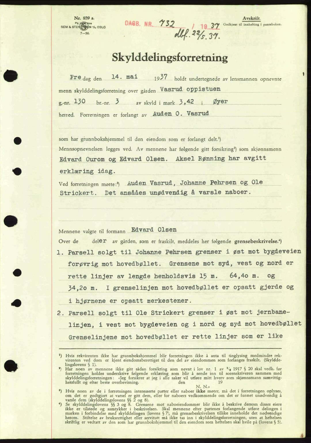 Sør-Gudbrandsdal tingrett, SAH/TING-004/H/Hb/Hbd/L0002: Pantebok nr. A2, 1936-1937, Dagboknr: 732/1937