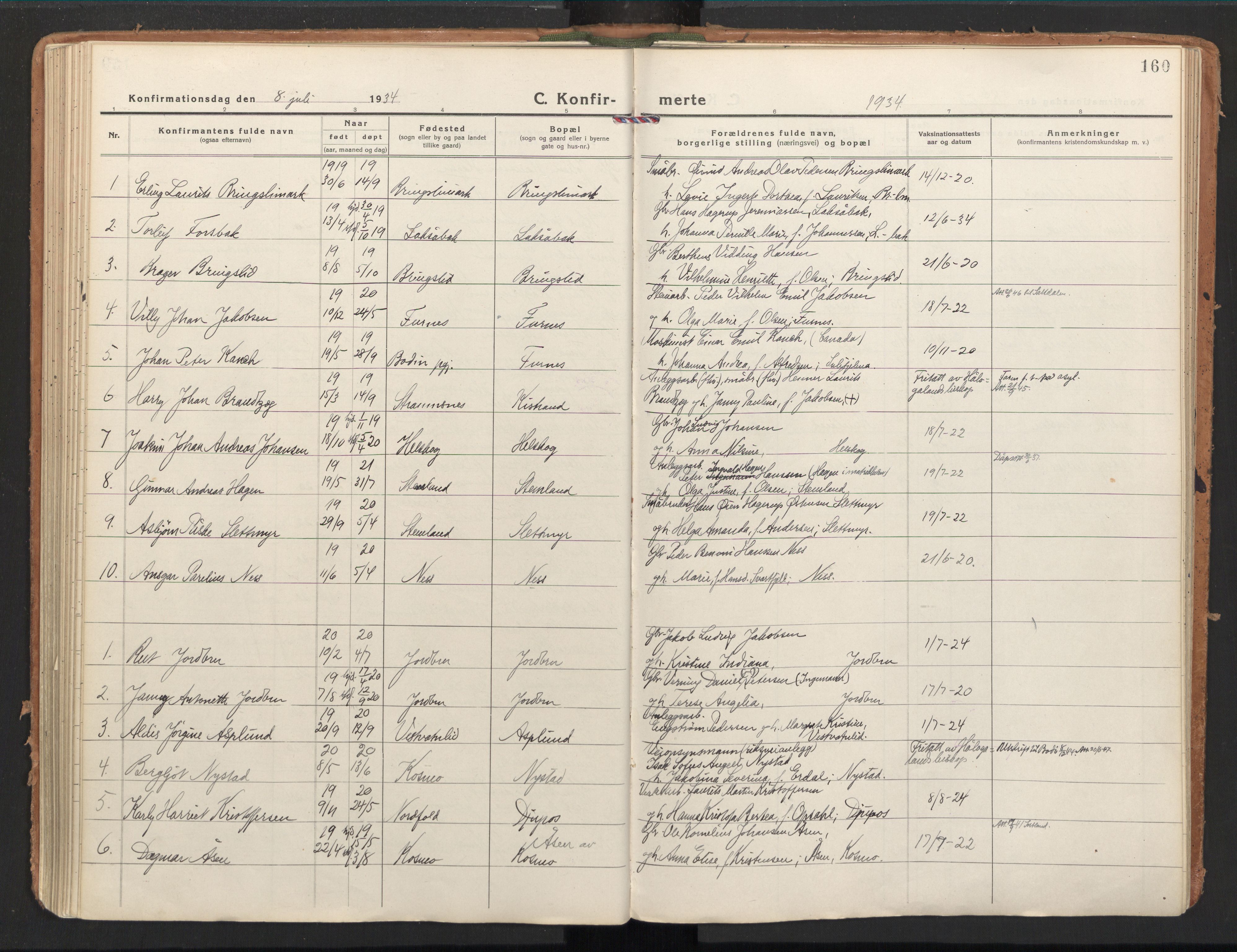 Ministerialprotokoller, klokkerbøker og fødselsregistre - Nordland, AV/SAT-A-1459/851/L0725: Ministerialbok nr. 851A02, 1922-1944, s. 160