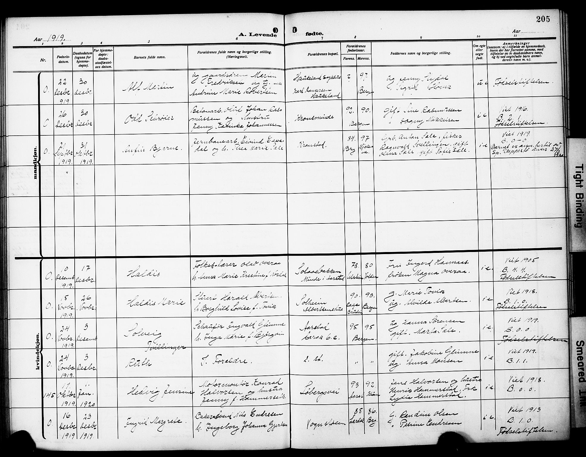 Årstad Sokneprestembete, AV/SAB-A-79301/H/Hab/L0003: Klokkerbok nr. A 3, 1912-1921, s. 205