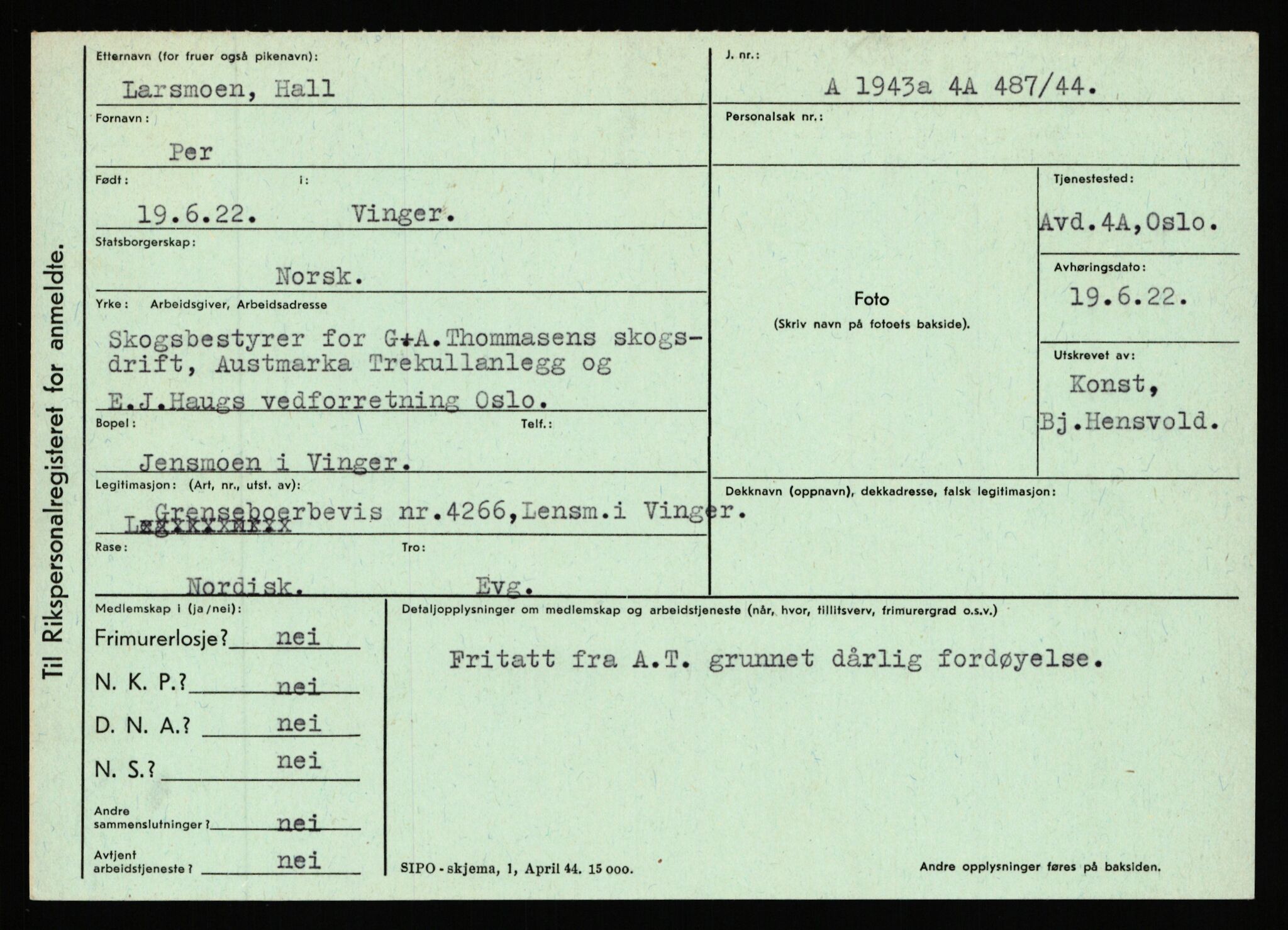 Statspolitiet - Hovedkontoret / Osloavdelingen, AV/RA-S-1329/C/Ca/L0009: Knutsen - Limstrand, 1943-1945, s. 3951