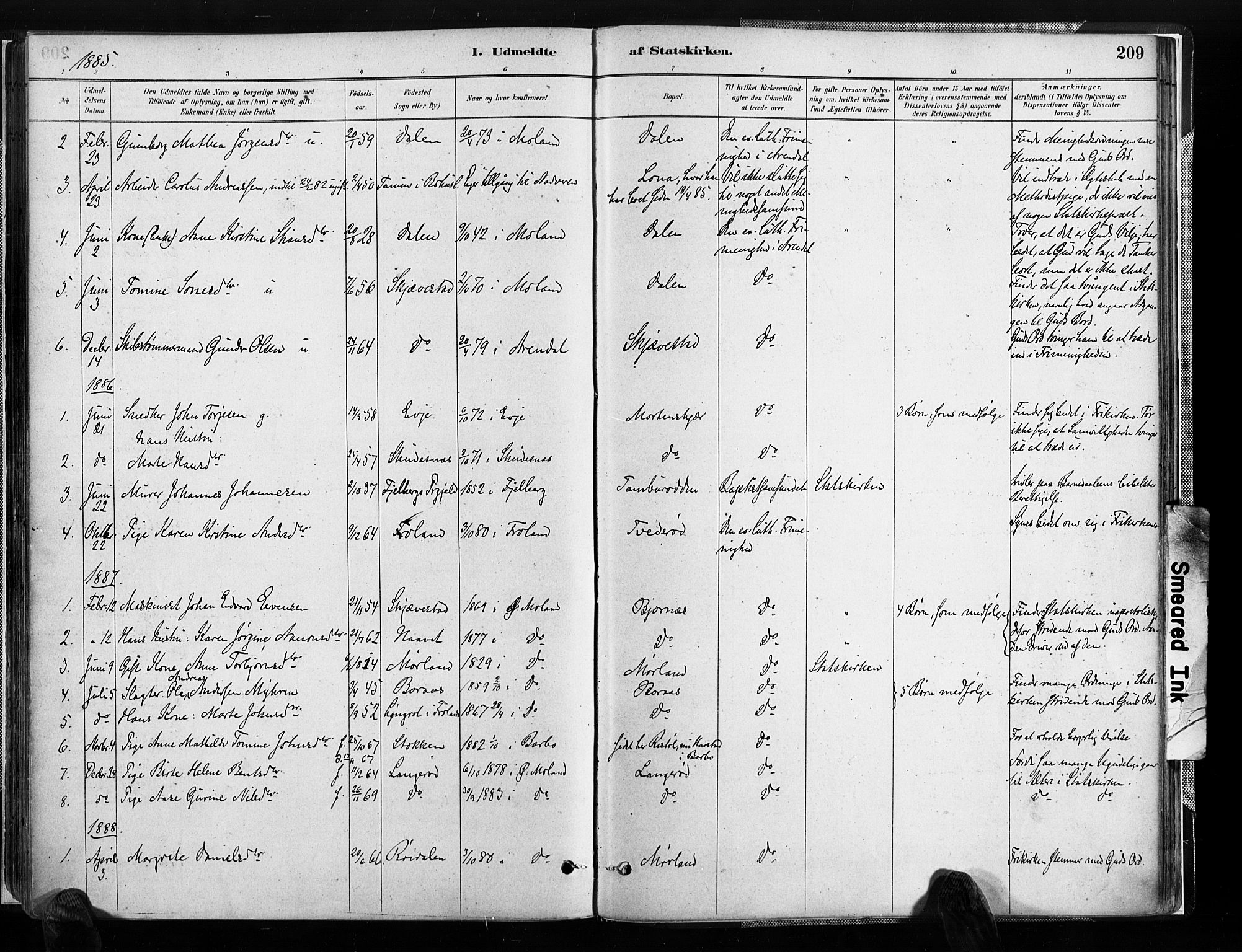 Austre Moland sokneprestkontor, AV/SAK-1111-0001/F/Fa/Faa/L0010: Ministerialbok nr. A 10, 1880-1904, s. 209