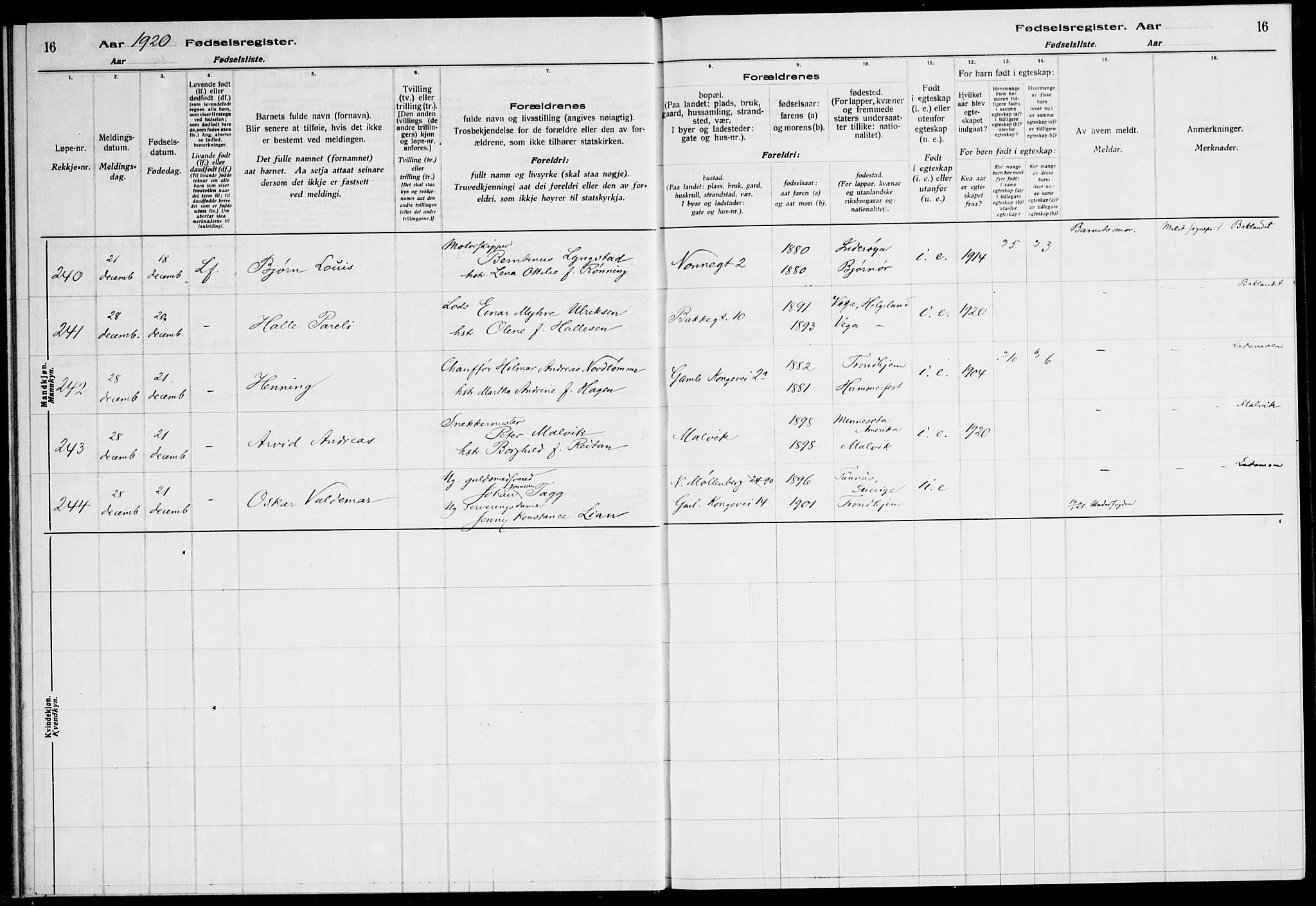 Ministerialprotokoller, klokkerbøker og fødselsregistre - Sør-Trøndelag, AV/SAT-A-1456/600/L0003: Fødselsregister nr. 600.II.4.2, 1920-1924, s. 16