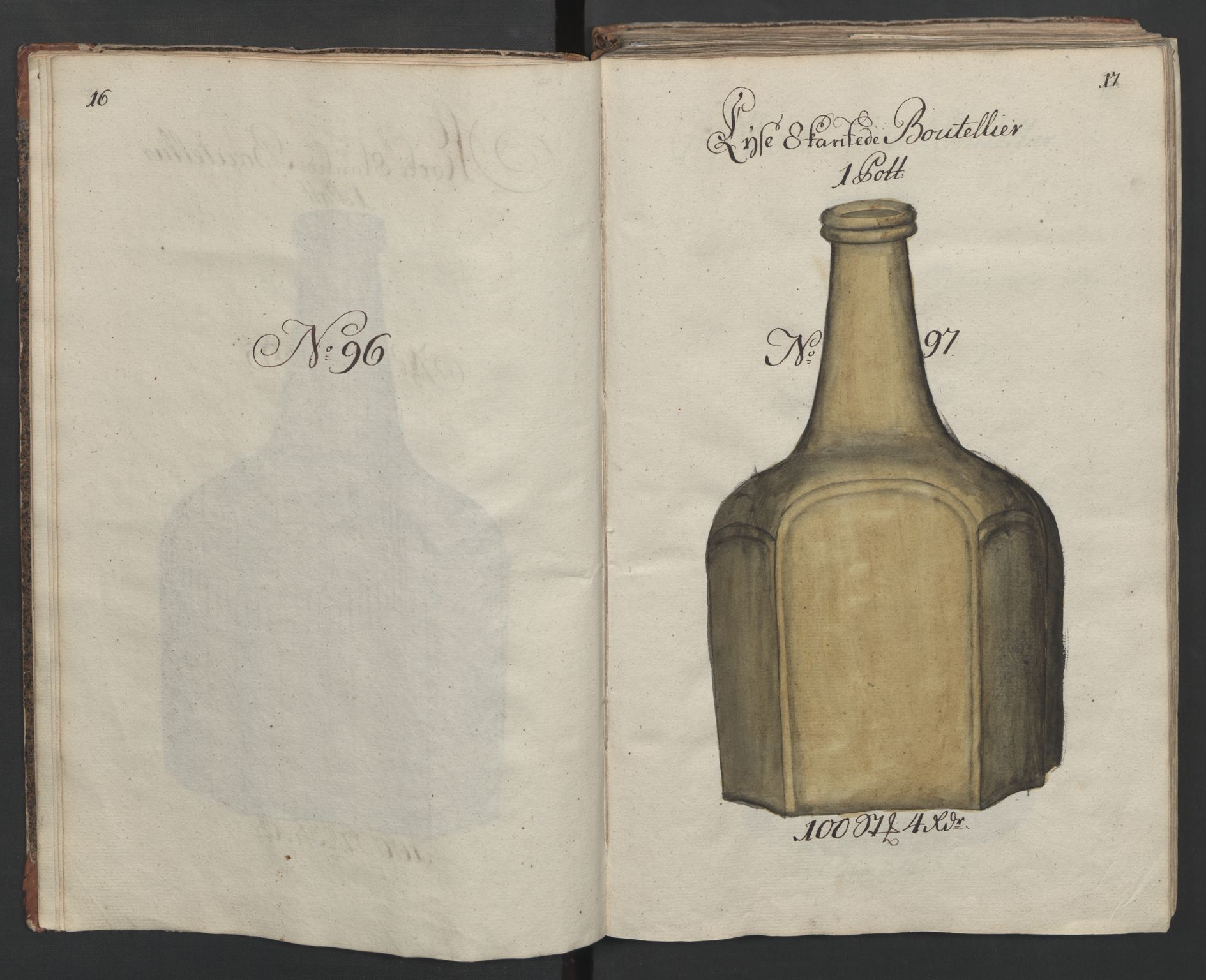 Glassverk, samlinger, AV/RA-PA-0001/F/Fa/L0036: Modellbok for Nøstetangens og Aas' produkter med prisangivelse,, 1763, s. 16-17