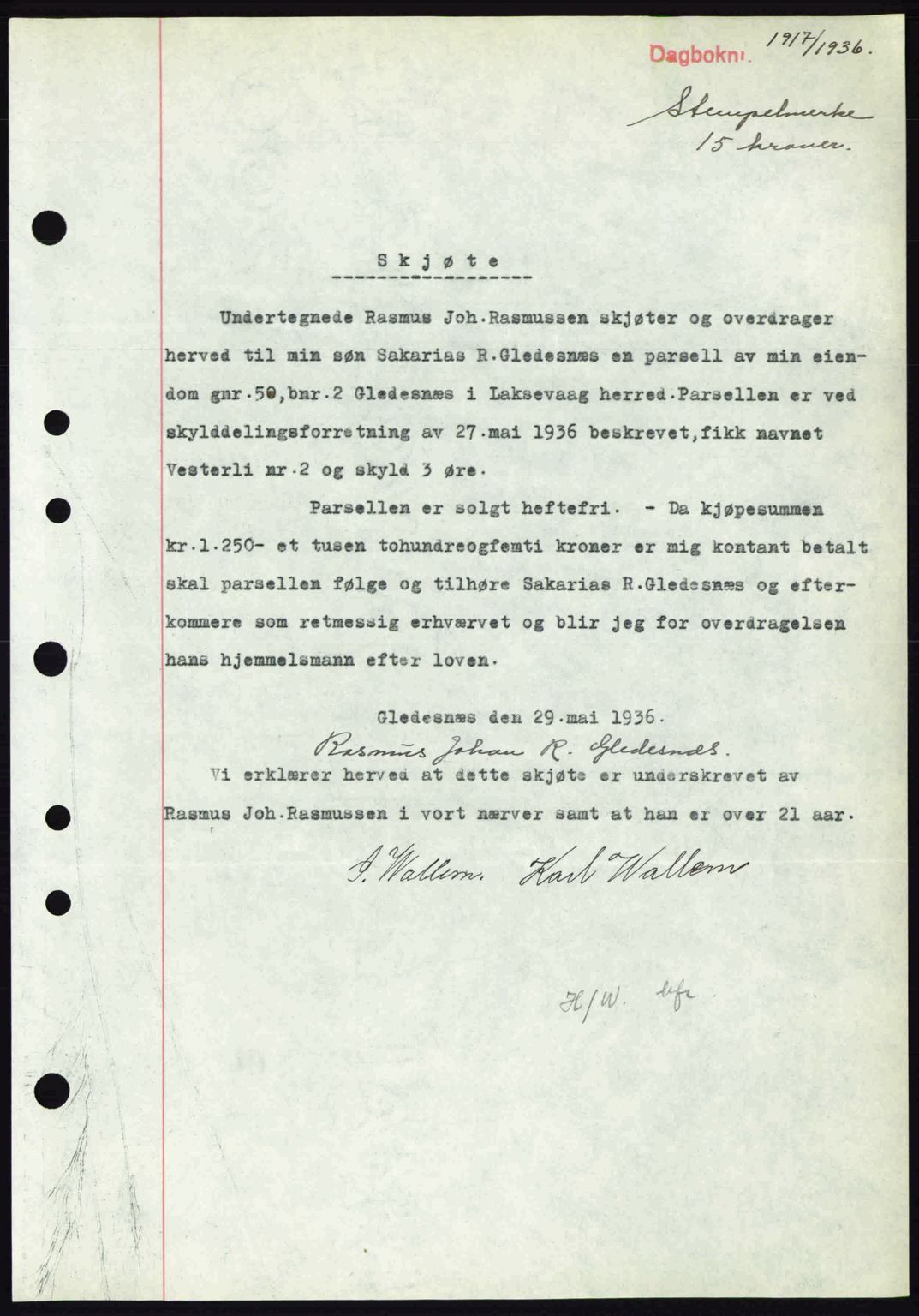 Midhordland sorenskriveri, SAB/A-3001/1/G/Gb/Gbk/L0001: Pantebok nr. A1-6, 1936-1937, Dagboknr: 1917/1936