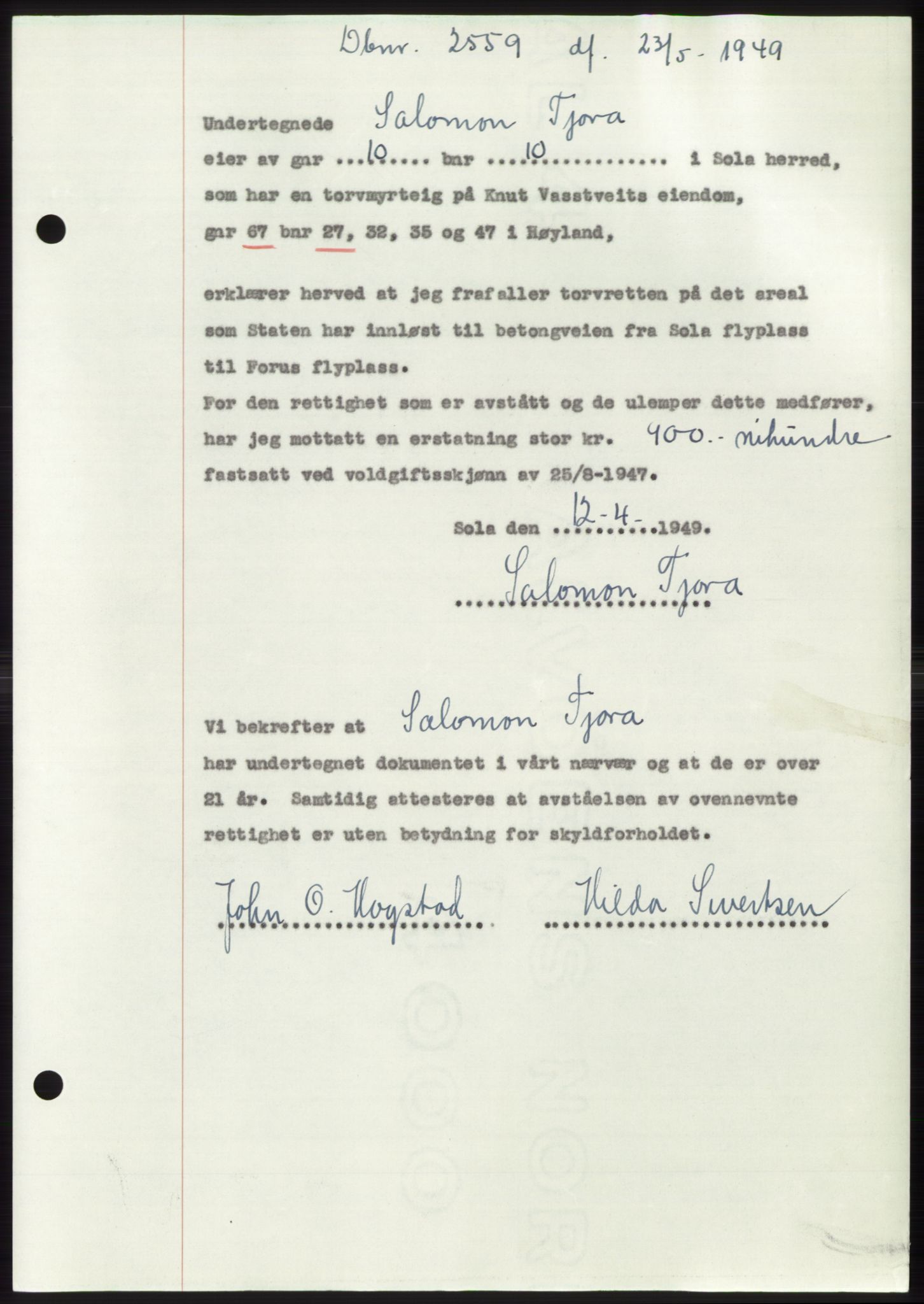 Jæren sorenskriveri, SAST/A-100310/03/G/Gba/L0102: Pantebok, 1949-1949, Dagboknr: 2559/1949