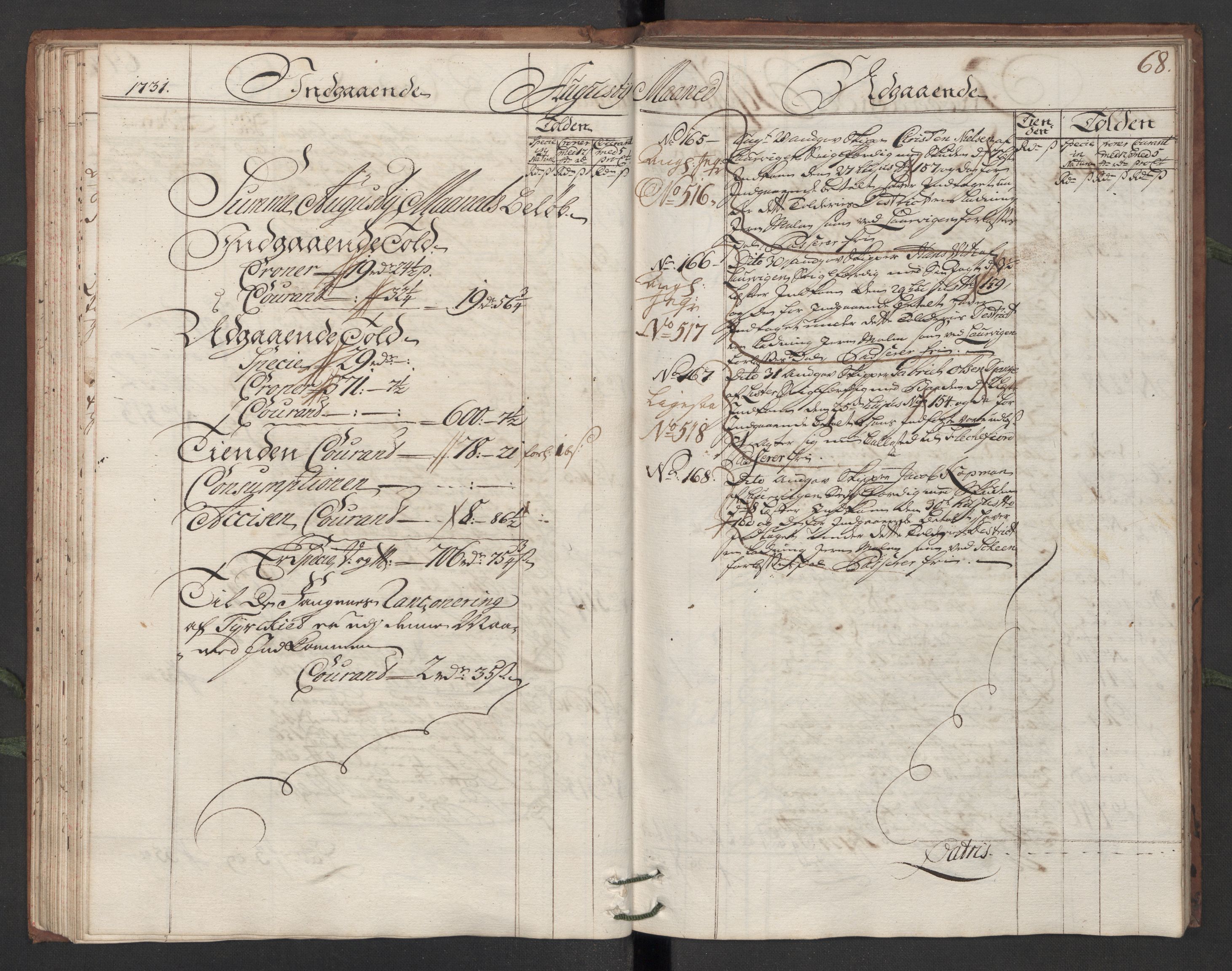 Generaltollkammeret, tollregnskaper, RA/EA-5490/R13/L0006/0001: Tollregnskaper Kragerø / Hovedtollbok, 1731, s. 67b-68a