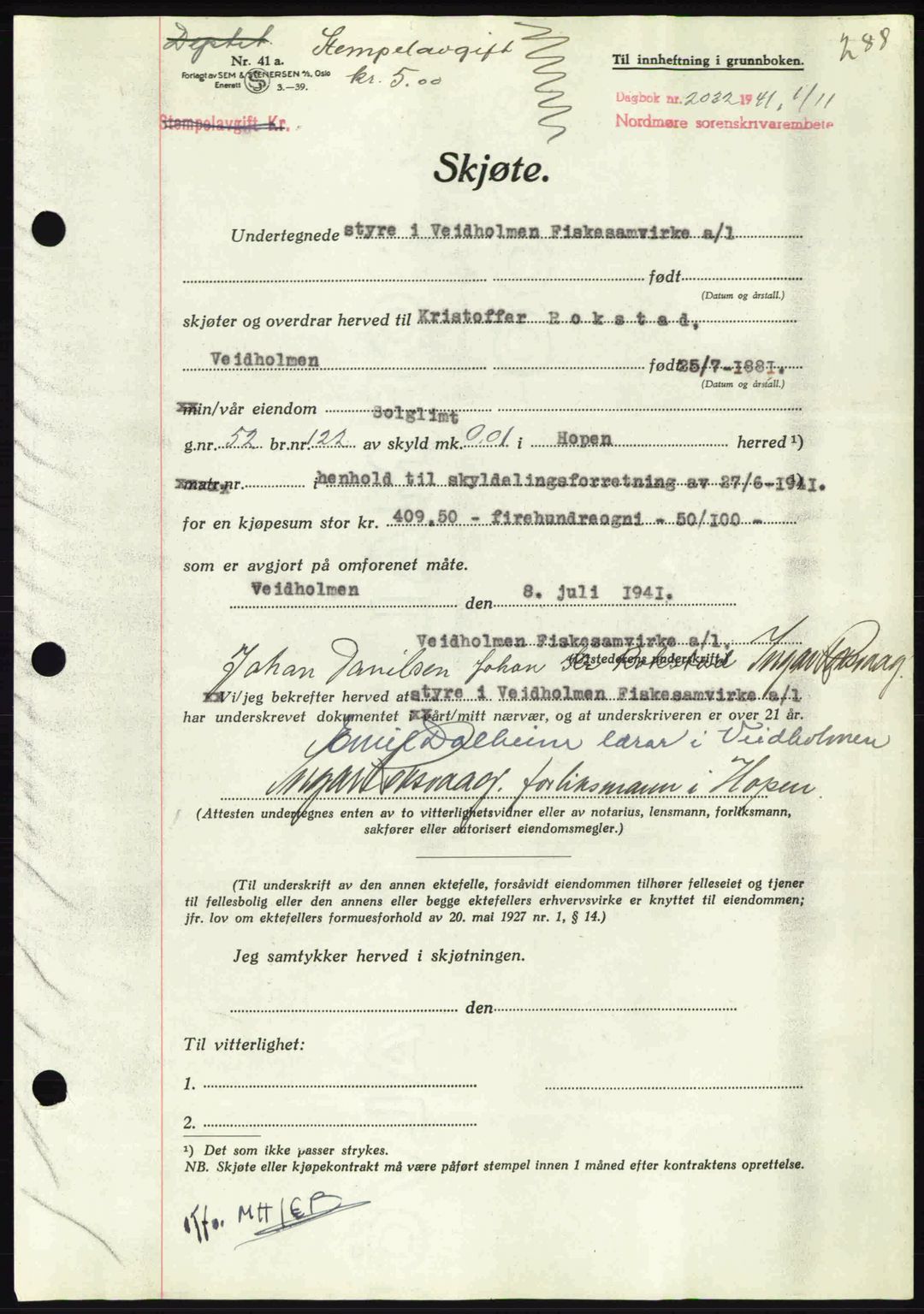 Nordmøre sorenskriveri, AV/SAT-A-4132/1/2/2Ca: Pantebok nr. A91, 1941-1942, Dagboknr: 2032/1941