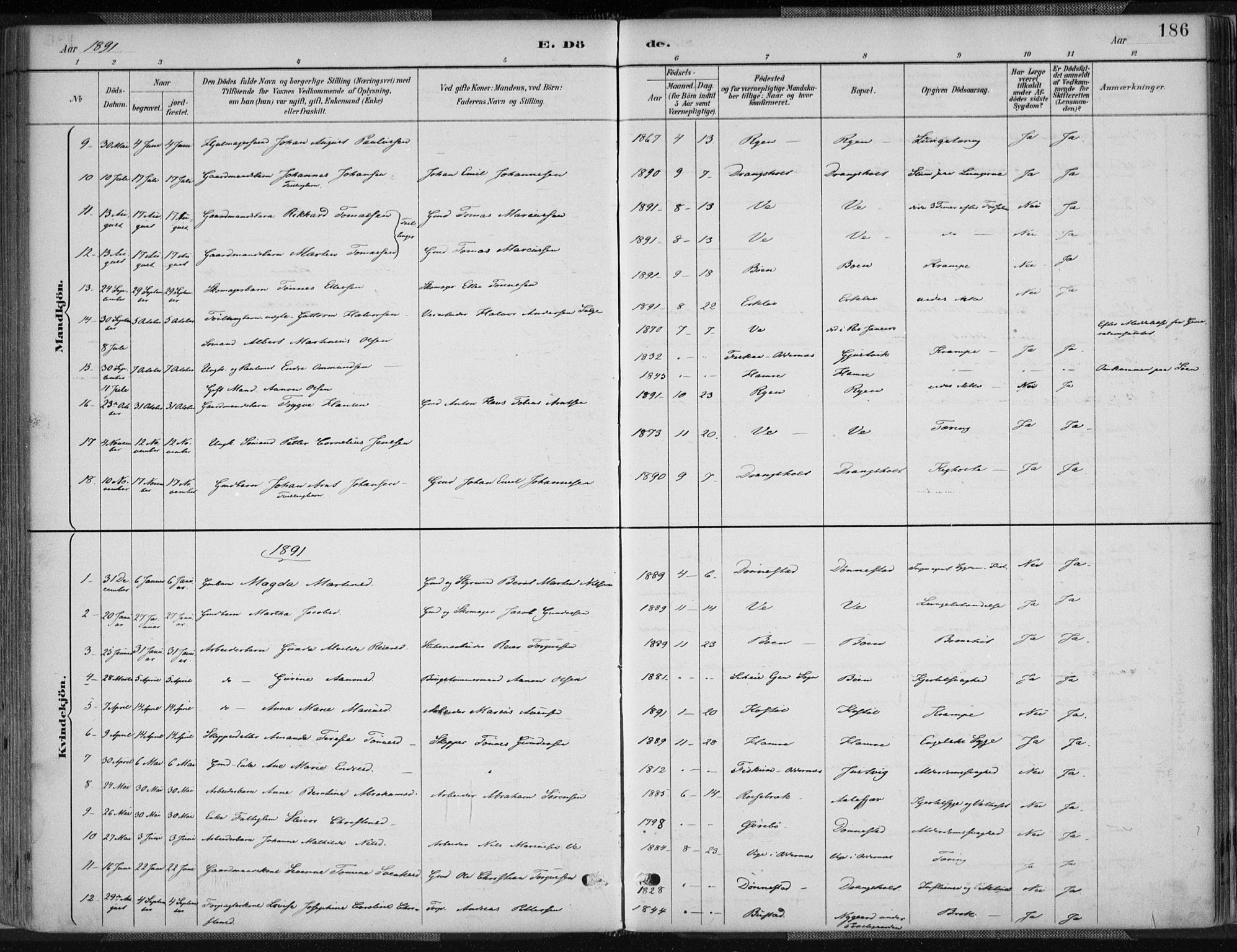 Tveit sokneprestkontor, AV/SAK-1111-0043/F/Fa/L0007: Ministerialbok nr. A 7, 1887-1908, s. 186