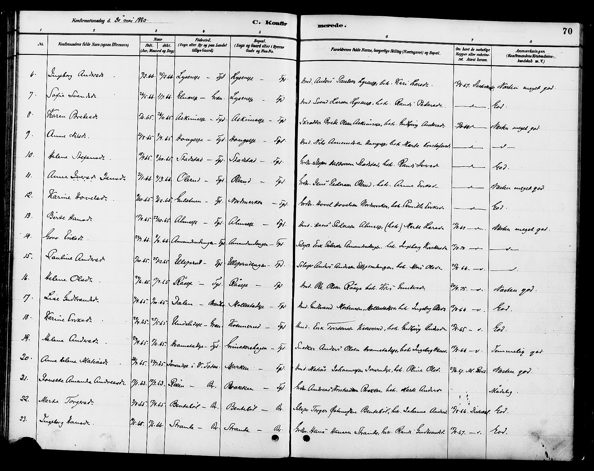 Gran prestekontor, AV/SAH-PREST-112/H/Ha/Haa/L0016: Ministerialbok nr. 16, 1880-1888, s. 70