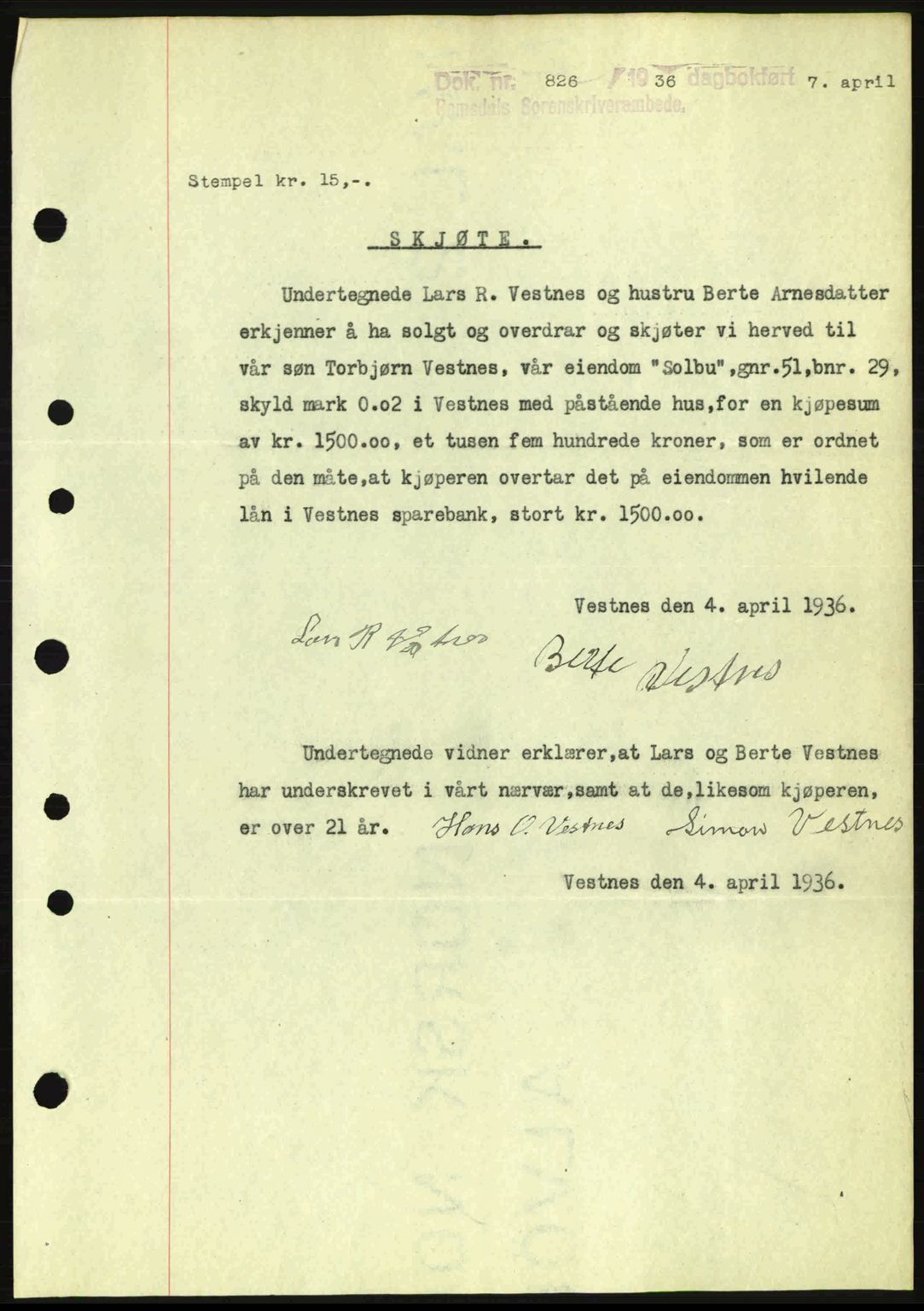 Romsdal sorenskriveri, SAT/A-4149/1/2/2C: Pantebok nr. A1, 1936-1936, Dagboknr: 826/1936