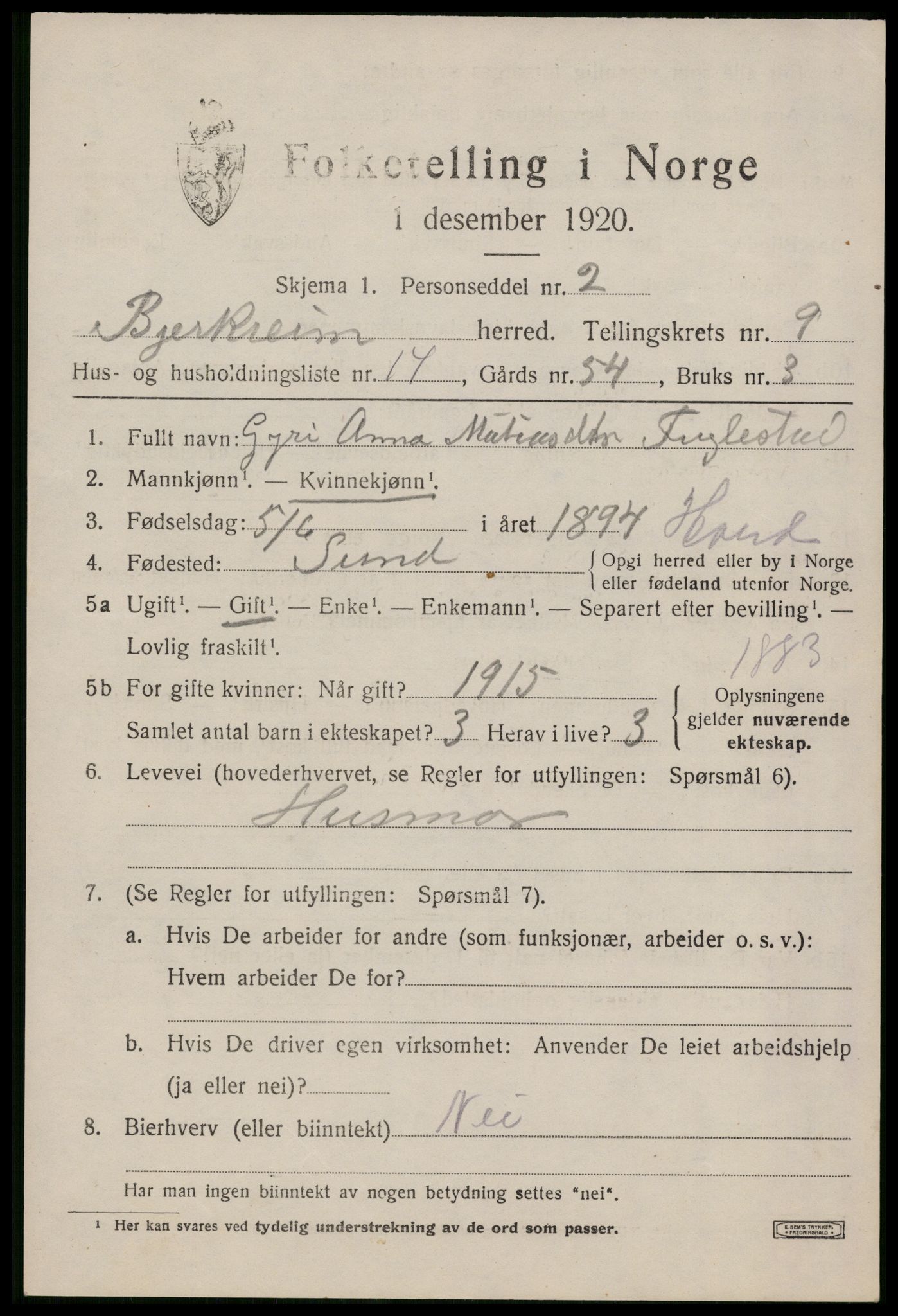 SAST, Folketelling 1920 for 1114 Bjerkreim herred, 1920, s. 3238