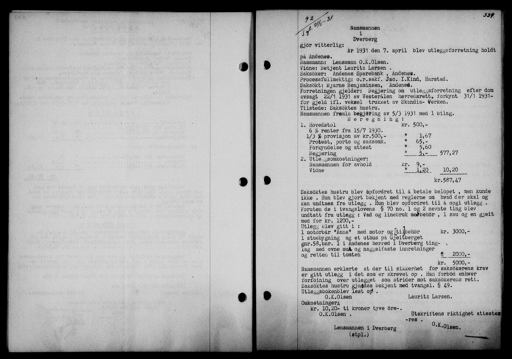 Vesterålen sorenskriveri, AV/SAT-A-4180/1/2/2Ca/L0053: Pantebok nr. 46, 1931-1931, Tingl.dato: 21.05.1931