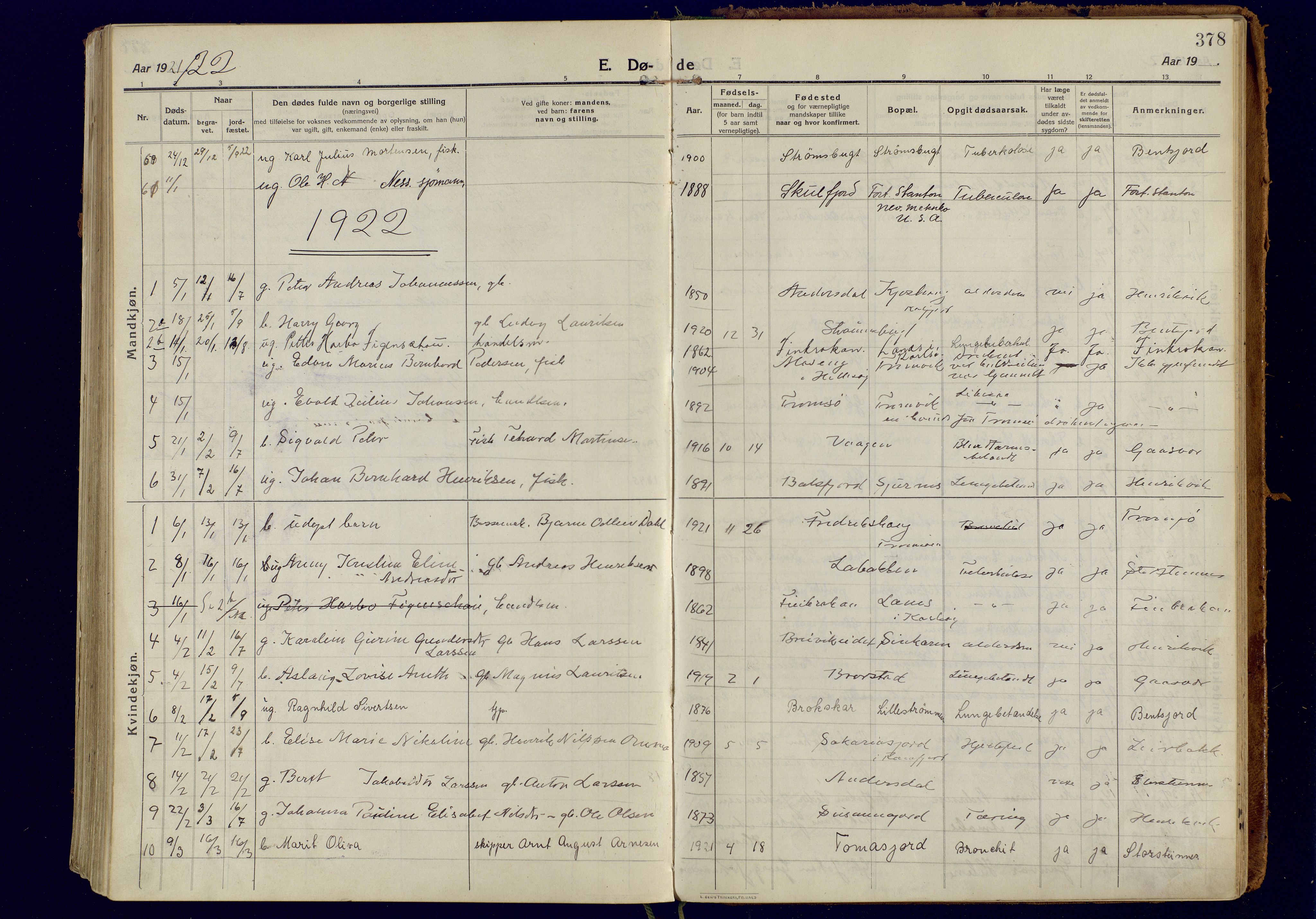 Tromsøysund sokneprestkontor, AV/SATØ-S-1304/G/Ga/L0008kirke: Ministerialbok nr. 8, 1914-1922, s. 378