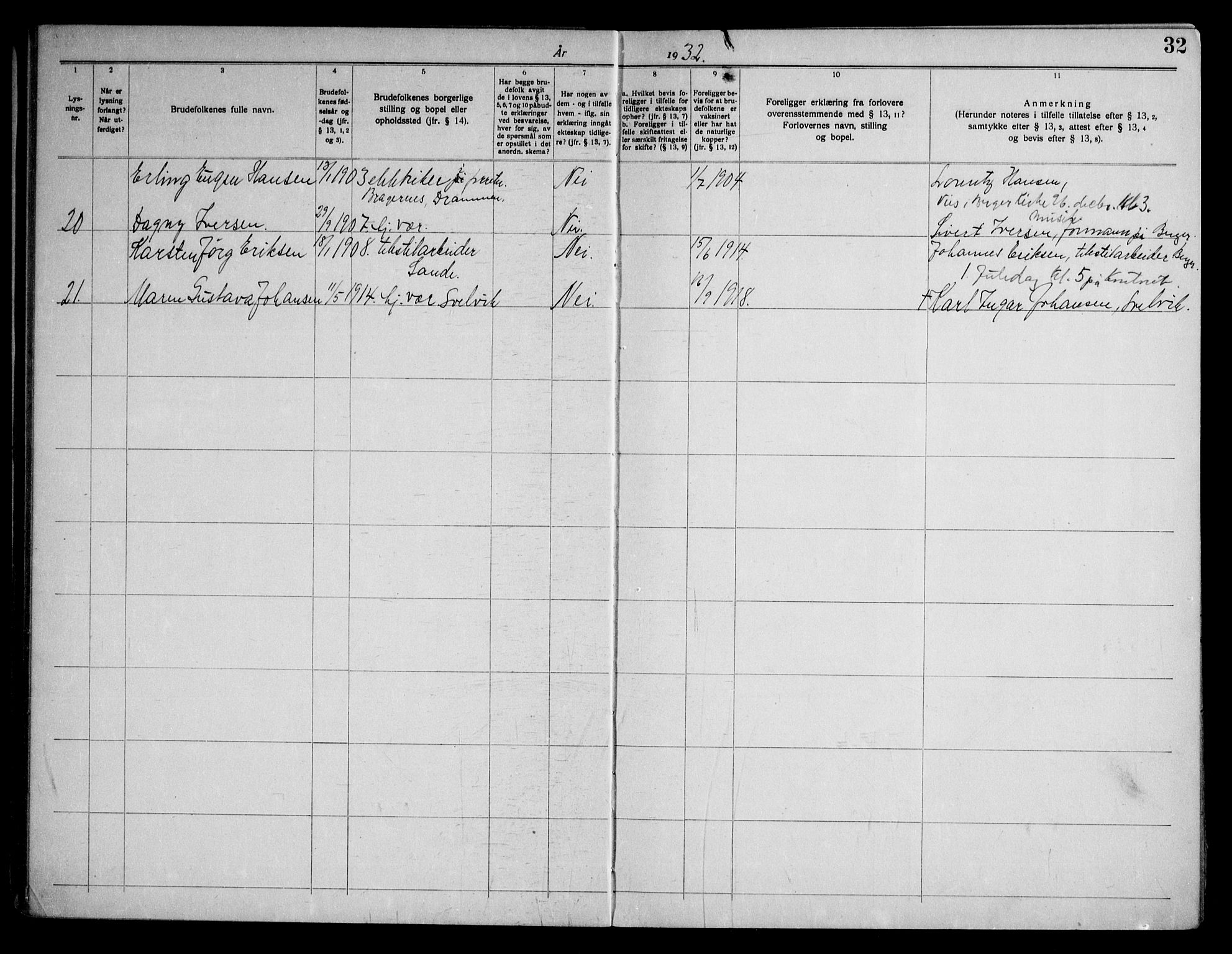 Strømm kirkebøker, AV/SAKO-A-322/H/Ha/L0003: Lysningsprotokoll nr. 3, 1919-1958, s. 32