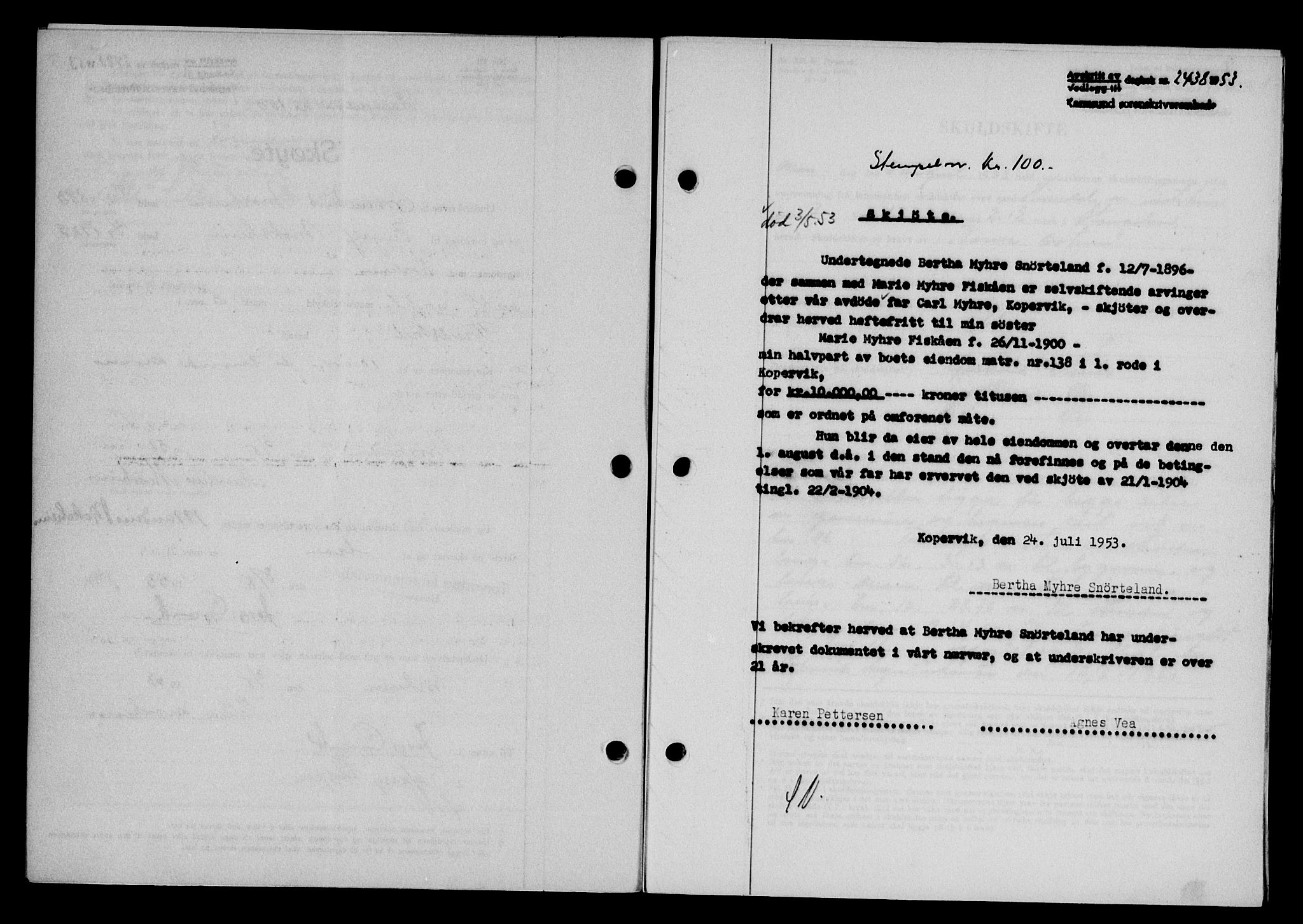 Karmsund sorenskriveri, SAST/A-100311/01/II/IIB/L0109: Pantebok nr. 89A, 1953-1953, Dagboknr: 2438/1953