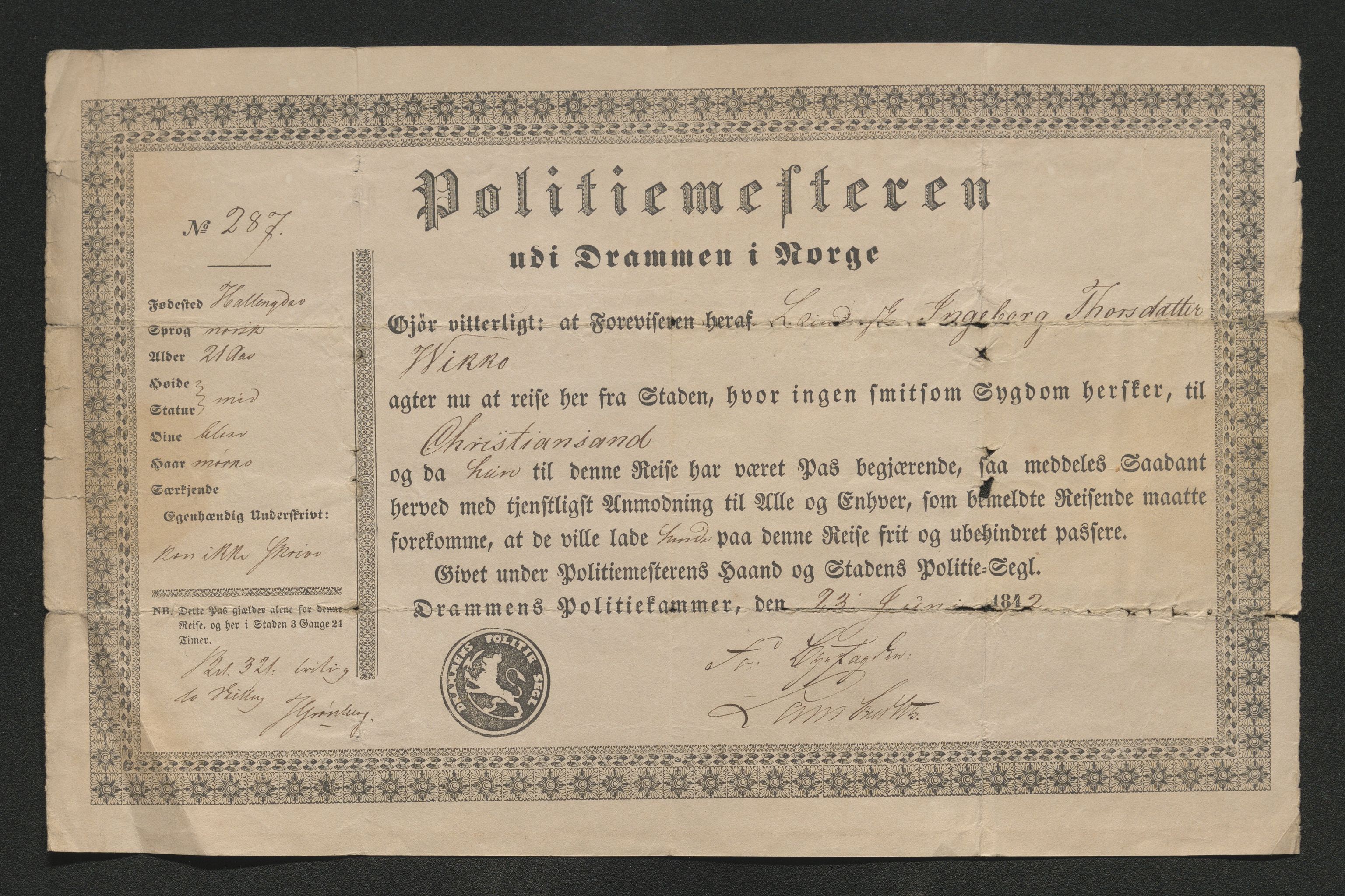 Drammen politikammer, AV/SAKO-A-623/I/Ia/Iab/L0007: Innleverte pass, 1843-1844, s. 190