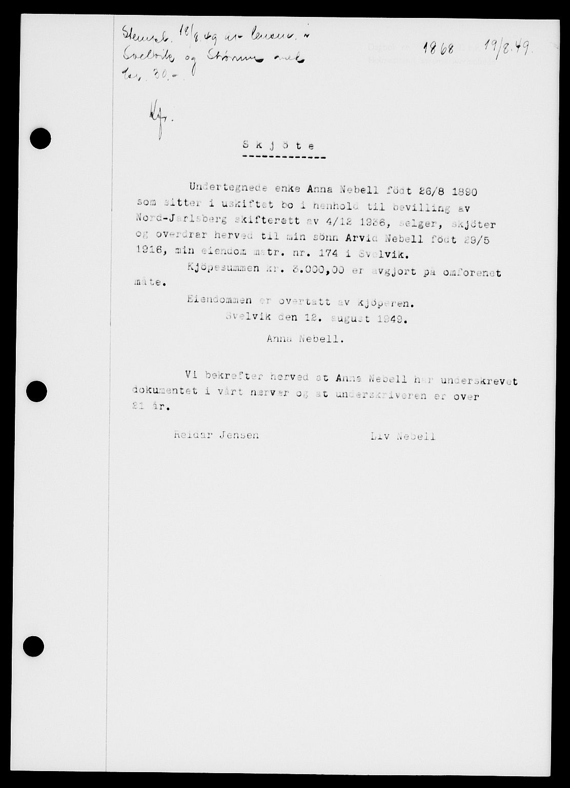 Holmestrand sorenskriveri, SAKO/A-67/G/Ga/Gaa/L0067: Pantebok nr. A-67, 1949-1949, Dagboknr: 1868/1949