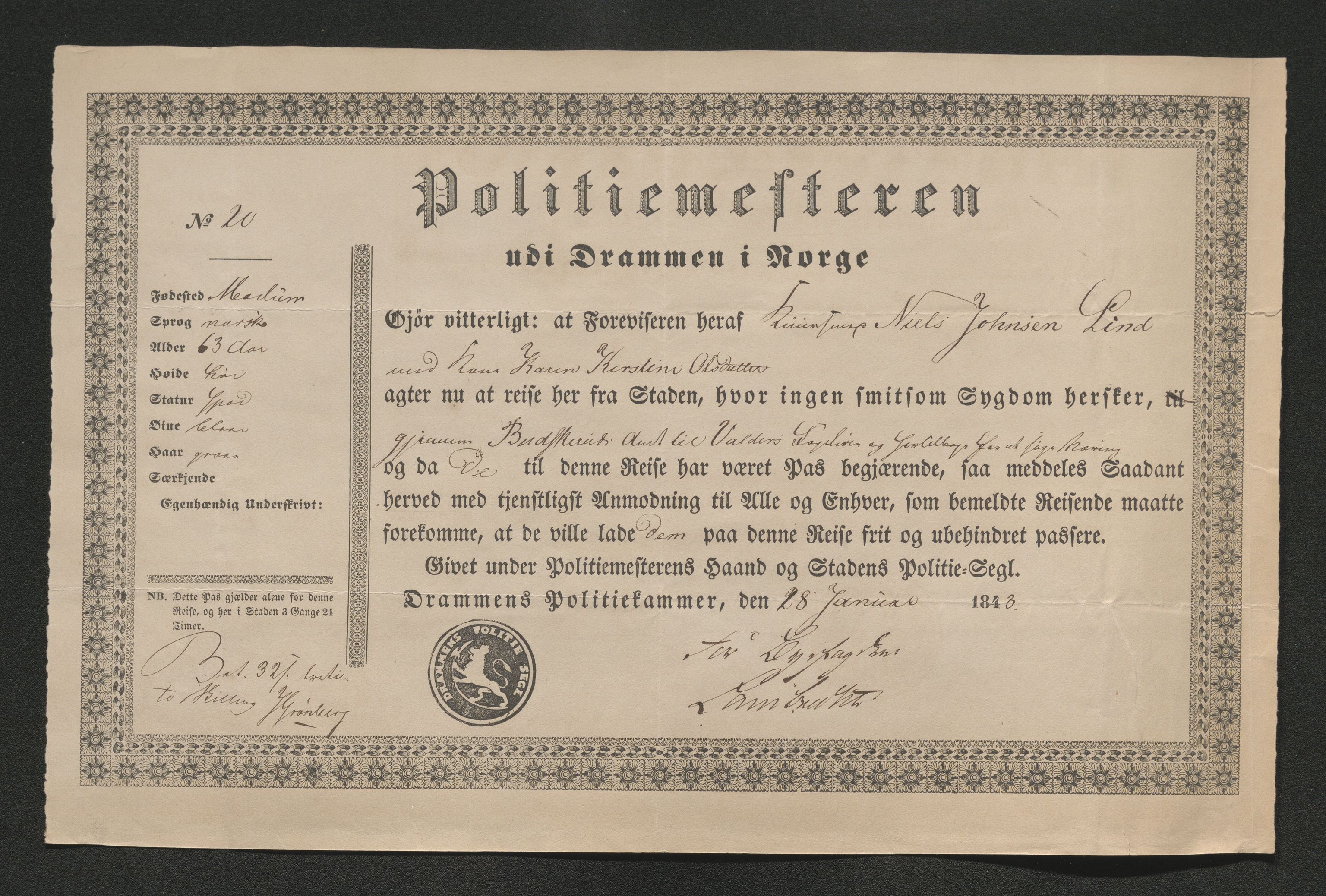 Drammen politikammer, SAKO/A-623/I/Ia/Iab/L0007: Innleverte pass, 1843-1844, s. 123
