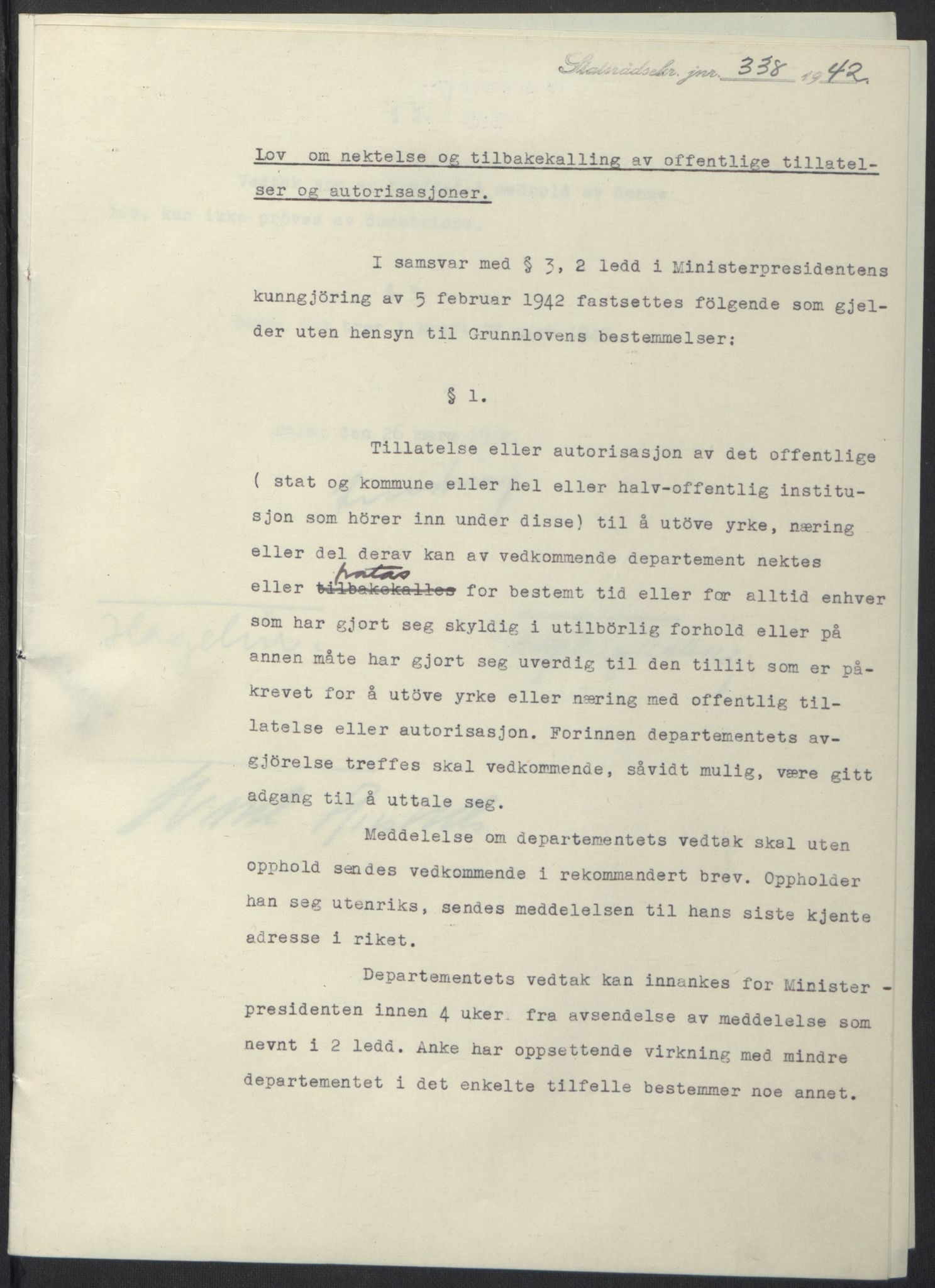 NS-administrasjonen 1940-1945 (Statsrådsekretariatet, de kommisariske statsråder mm), RA/S-4279/D/Db/L0097: Lover I, 1942, s. 210
