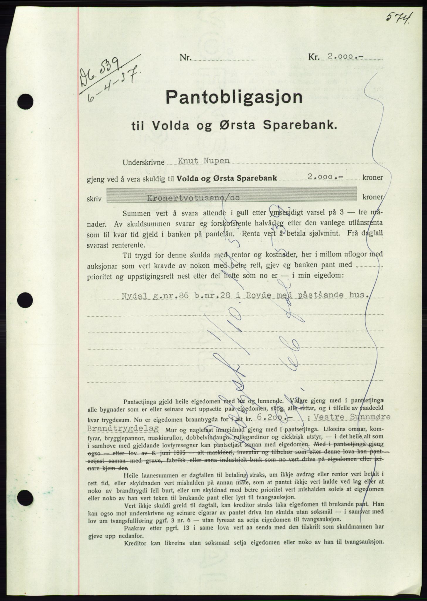 Søre Sunnmøre sorenskriveri, AV/SAT-A-4122/1/2/2C/L0062: Pantebok nr. 56, 1936-1937, Dagboknr: 539/1937