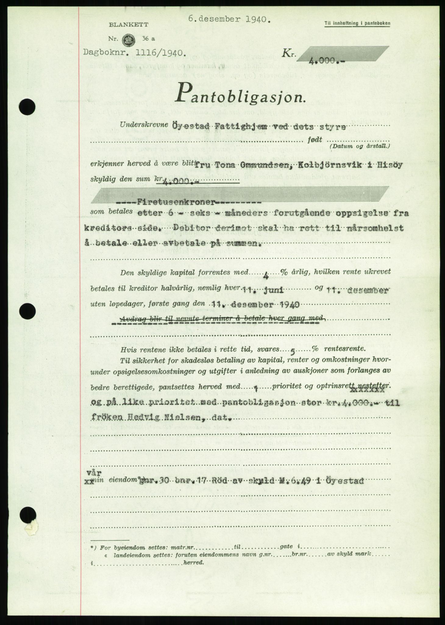 Nedenes sorenskriveri, AV/SAK-1221-0006/G/Gb/Gbb/L0001: Pantebok nr. I, 1939-1942, Dagboknr: 1116/1940