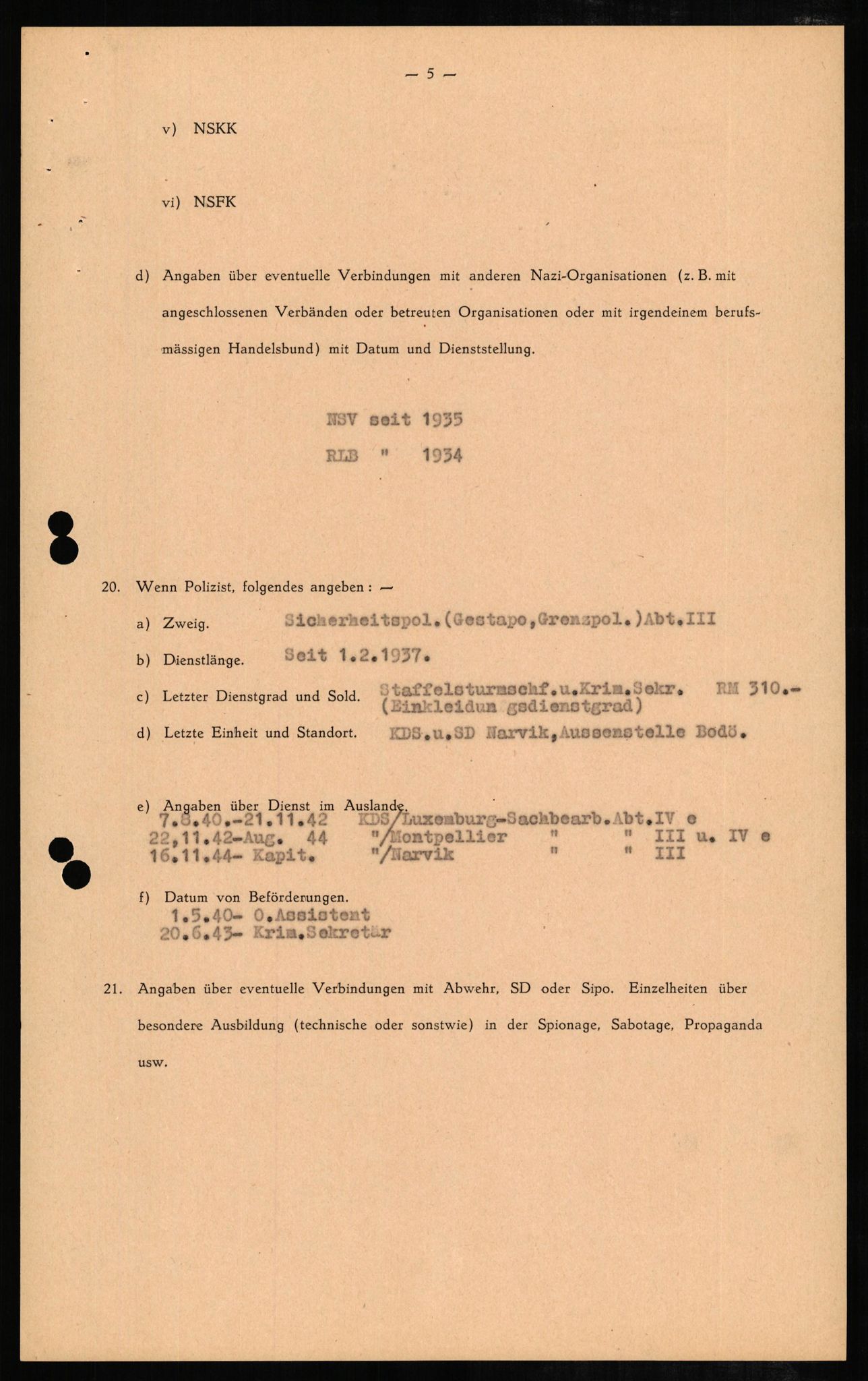 Forsvaret, Forsvarets overkommando II, AV/RA-RAFA-3915/D/Db/L0006: CI Questionaires. Tyske okkupasjonsstyrker i Norge. Tyskere., 1945-1946, s. 407