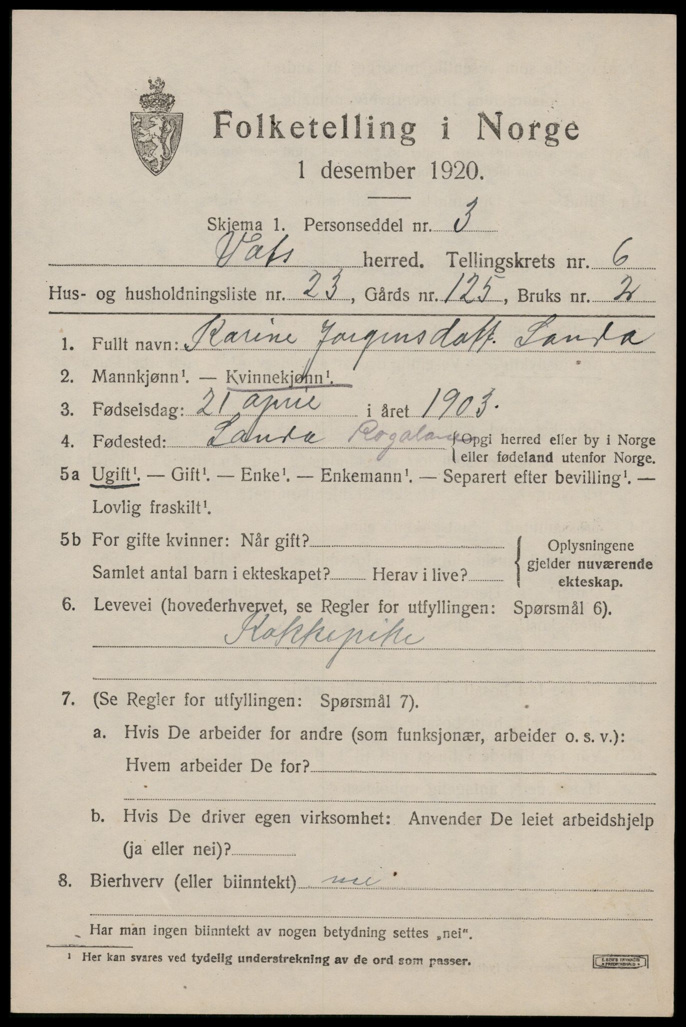 SAST, Folketelling 1920 for 1155 Vats herred, 1920, s. 2591