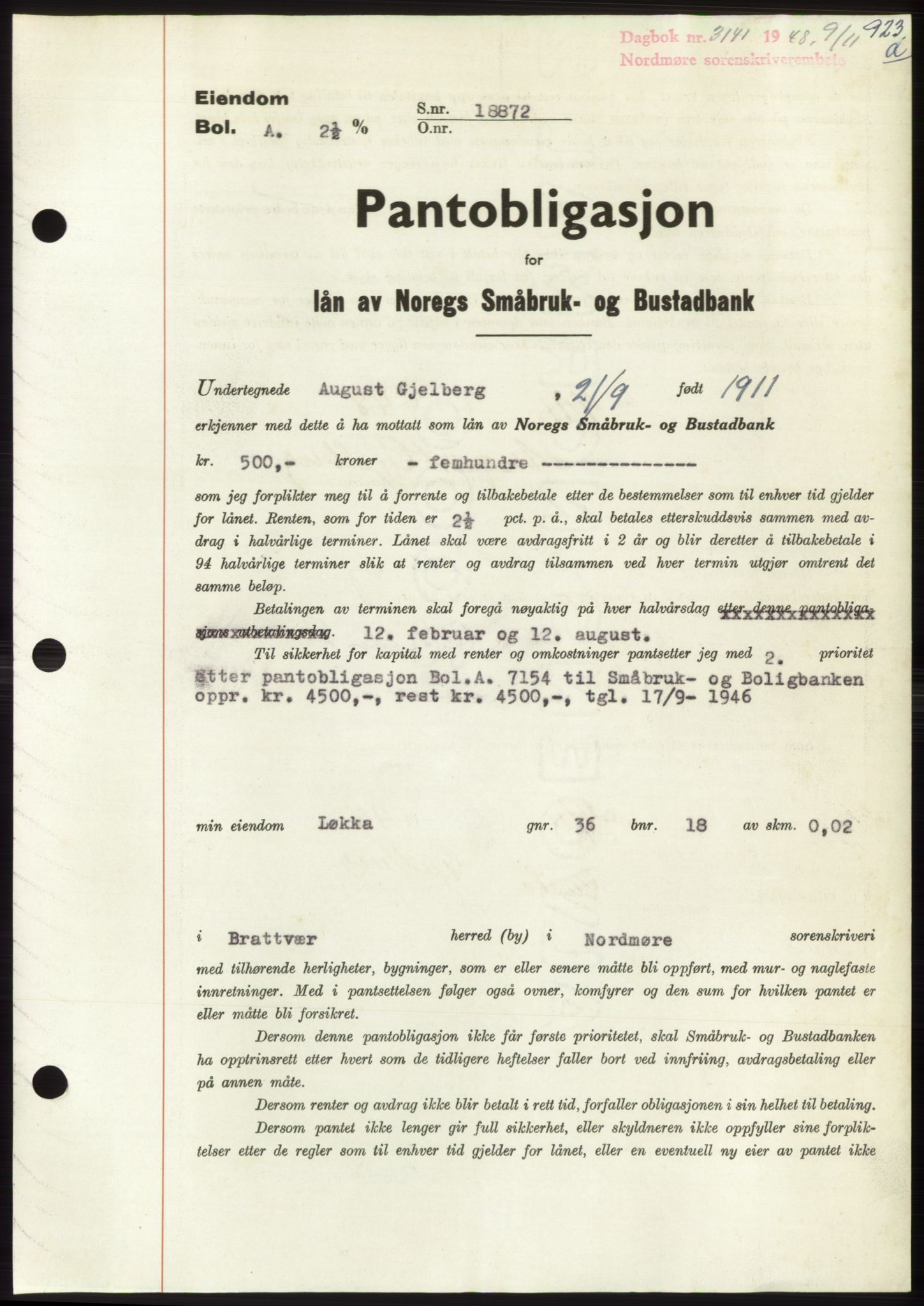 Nordmøre sorenskriveri, SAT/A-4132/1/2/2Ca: Pantebok nr. B99, 1948-1948, Dagboknr: 3141/1948