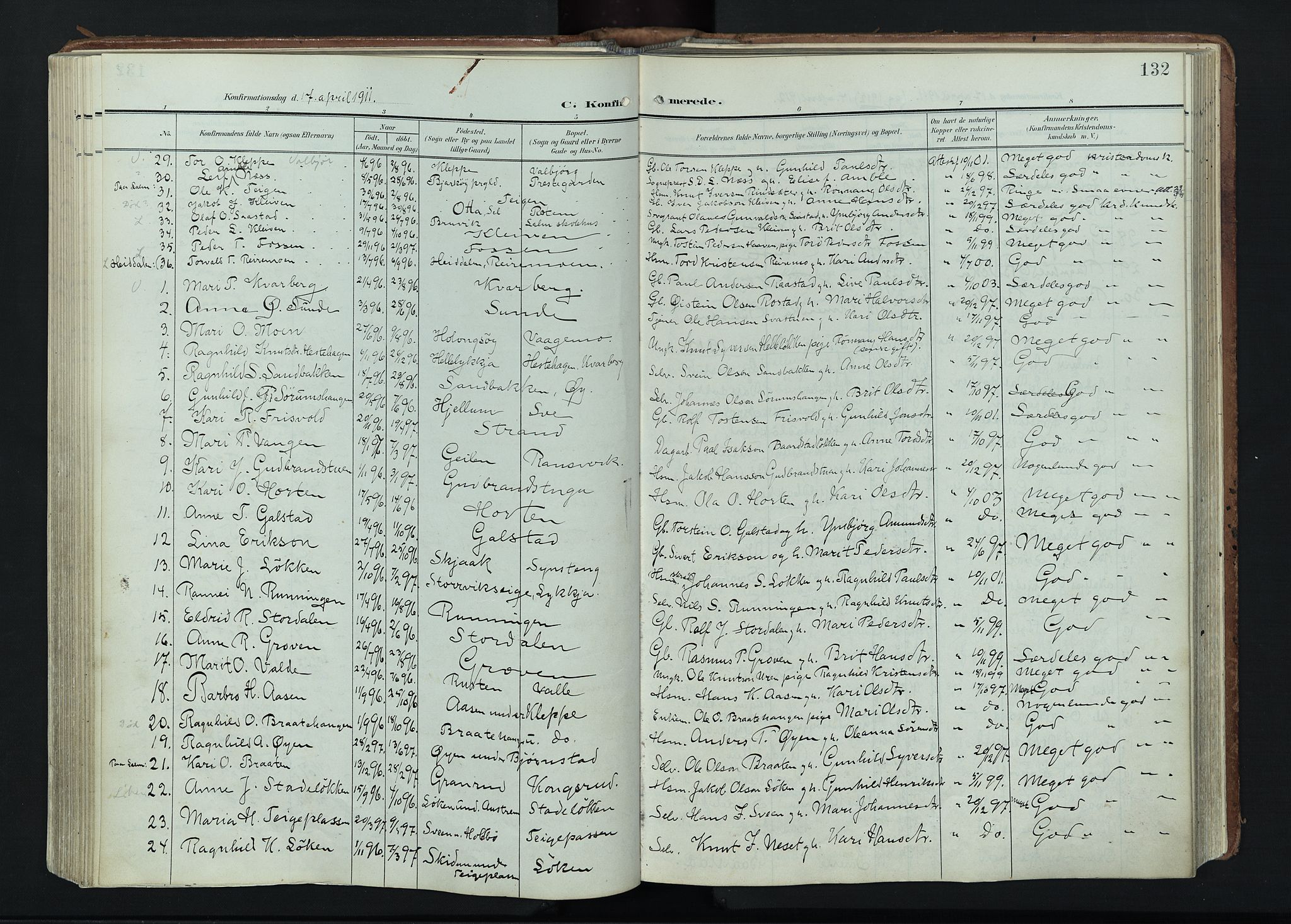 Vågå prestekontor, AV/SAH-PREST-076/H/Ha/Haa/L0011: Ministerialbok nr. 11, 1905-1924, s. 132