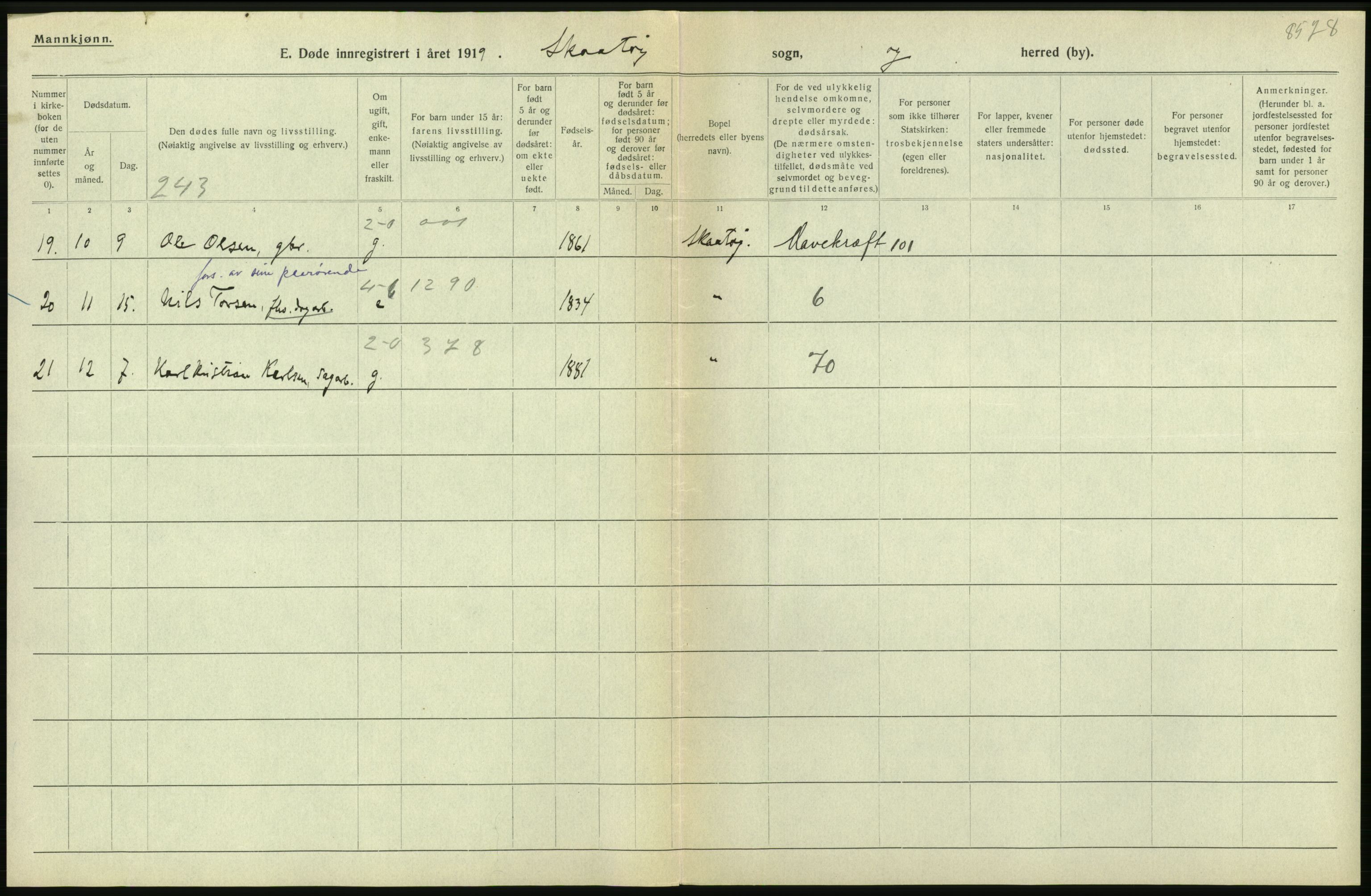 Statistisk sentralbyrå, Sosiodemografiske emner, Befolkning, AV/RA-S-2228/D/Df/Dfb/Dfbi/L0023: Telemark fylke: Døde. Bygder og byer., 1919, s. 16