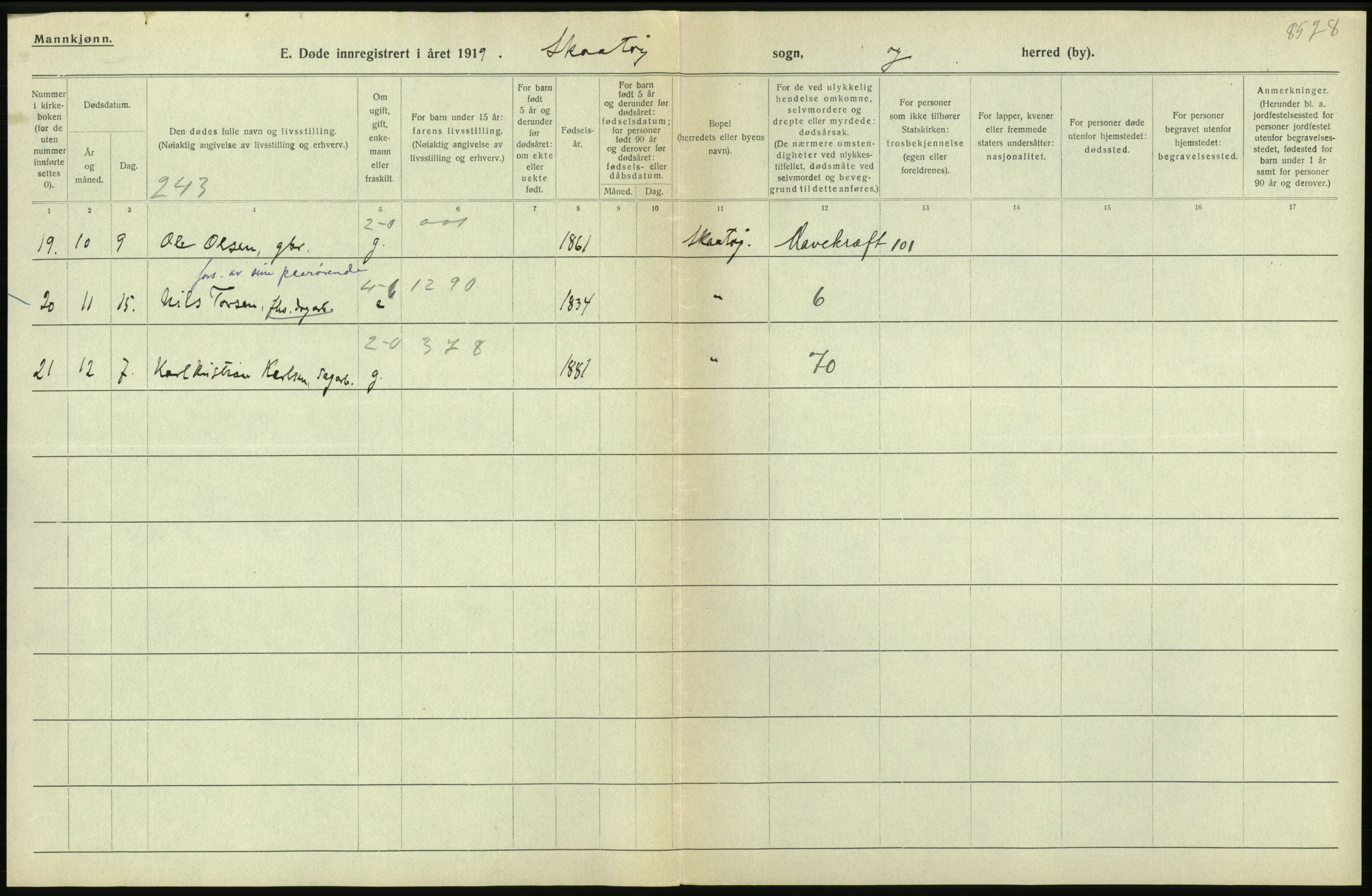 Statistisk sentralbyrå, Sosiodemografiske emner, Befolkning, RA/S-2228/D/Df/Dfb/Dfbi/L0023: Telemark fylke: Døde. Bygder og byer., 1919, s. 16