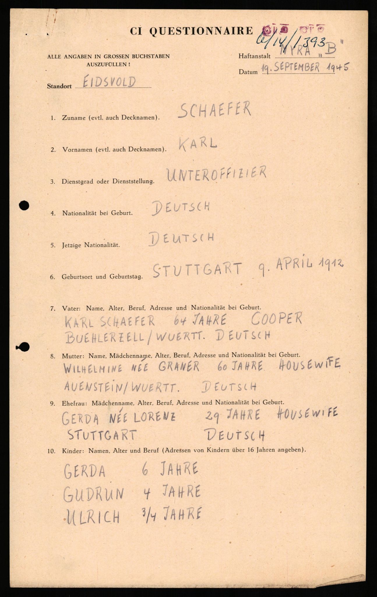 Forsvaret, Forsvarets overkommando II, RA/RAFA-3915/D/Db/L0029: CI Questionaires. Tyske okkupasjonsstyrker i Norge. Tyskere., 1945-1946, s. 17