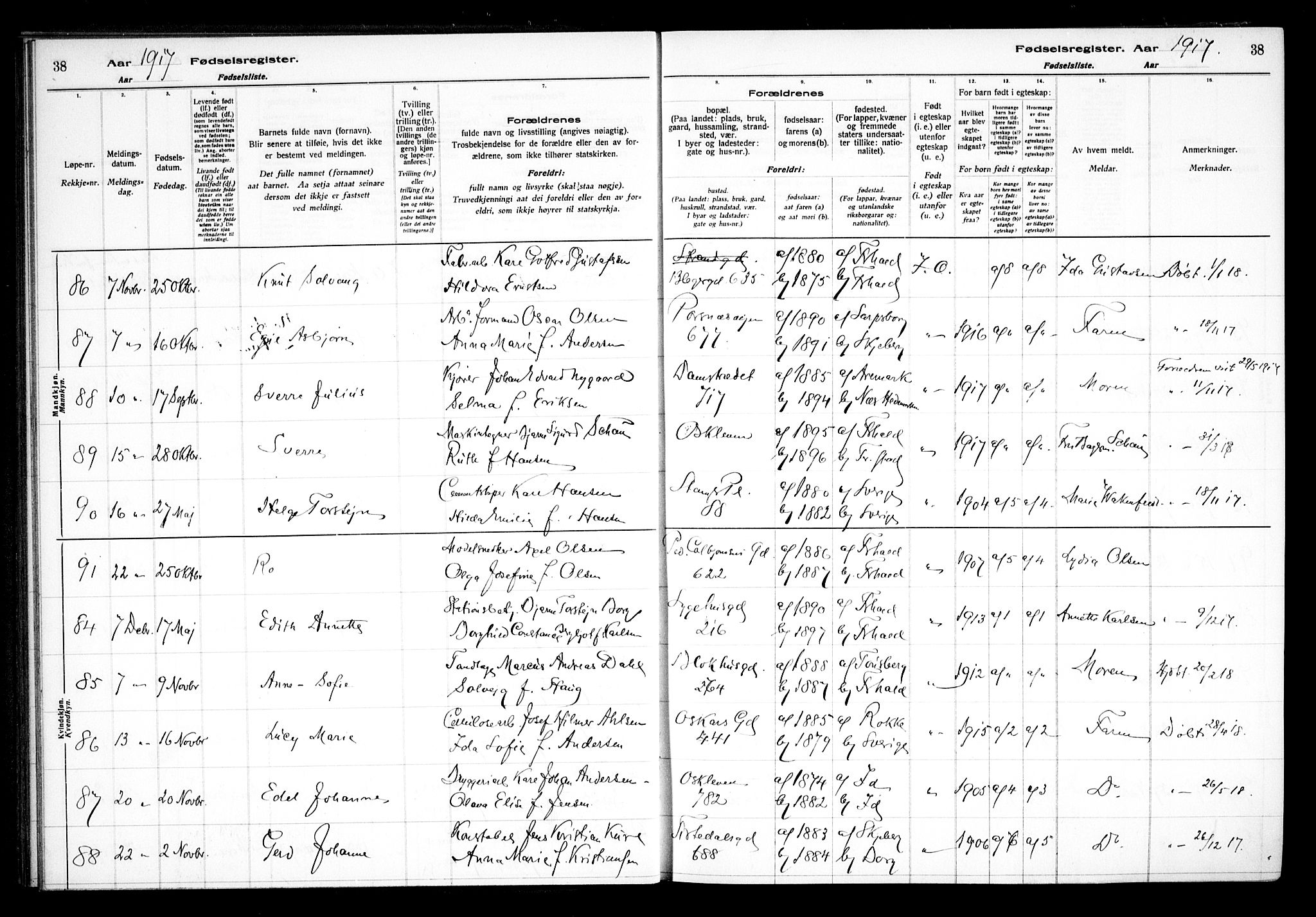 Halden prestekontor Kirkebøker, AV/SAO-A-10909/J/Ja/L0001: Fødselsregister nr. I 1, 1916-1925, s. 38