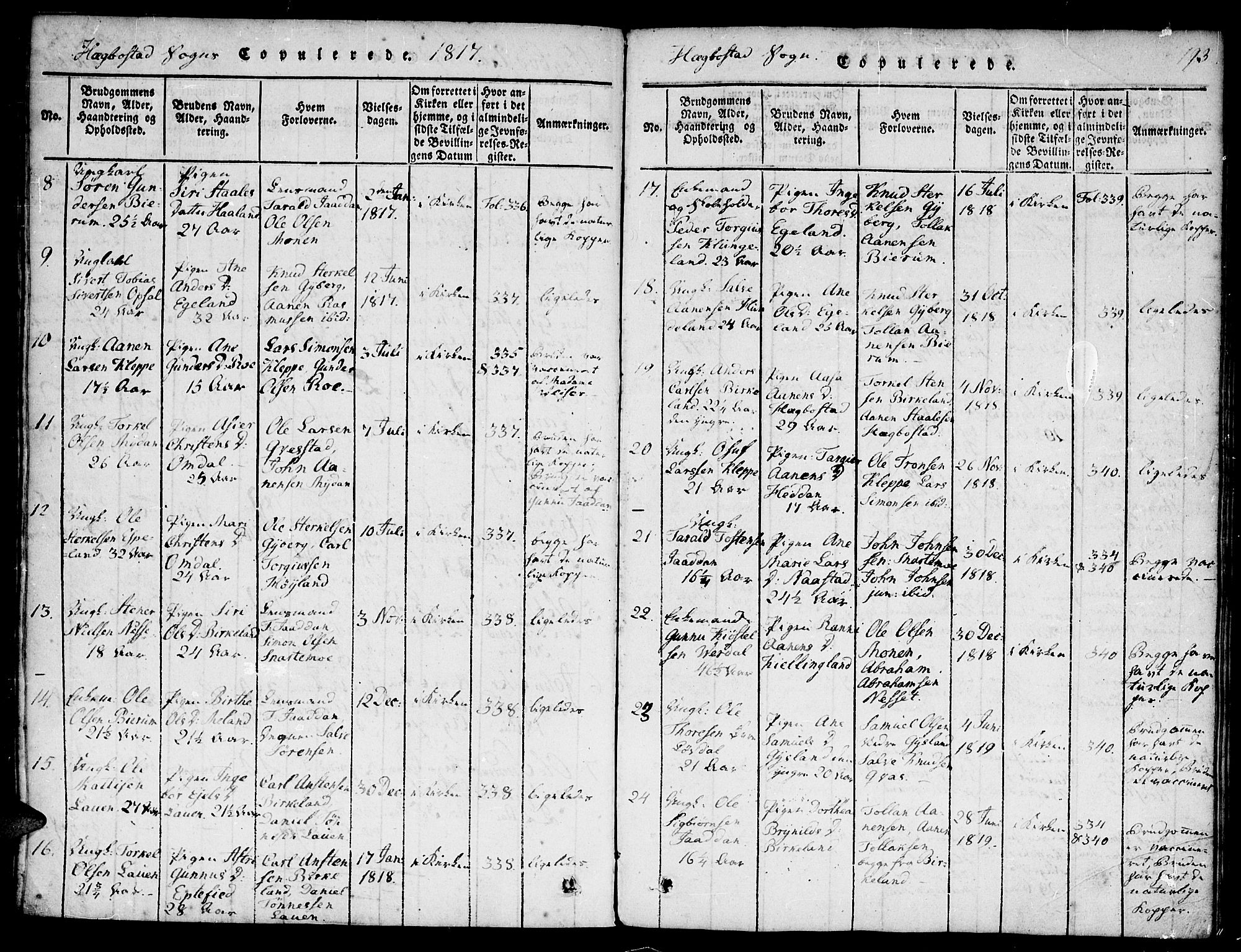 Hægebostad sokneprestkontor, SAK/1111-0024/F/Fa/Faa/L0002: Ministerialbok nr. A 2 /1, 1816-1825, s. 193