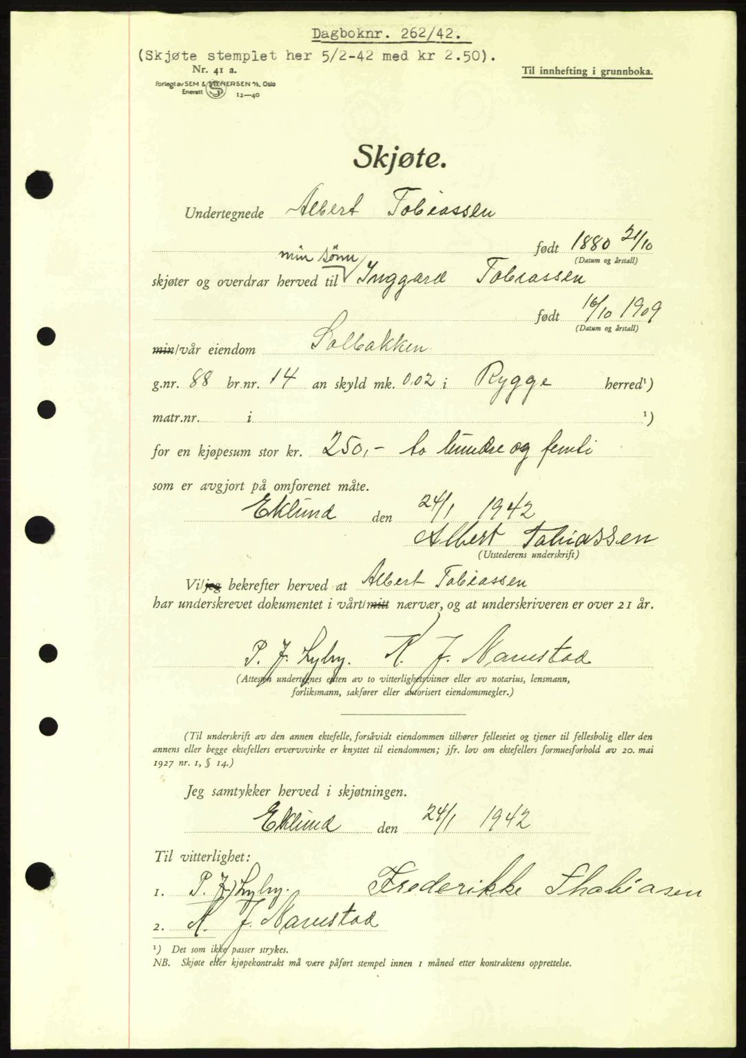 Moss sorenskriveri, SAO/A-10168: Pantebok nr. A9, 1941-1942, Dagboknr: 262/1942