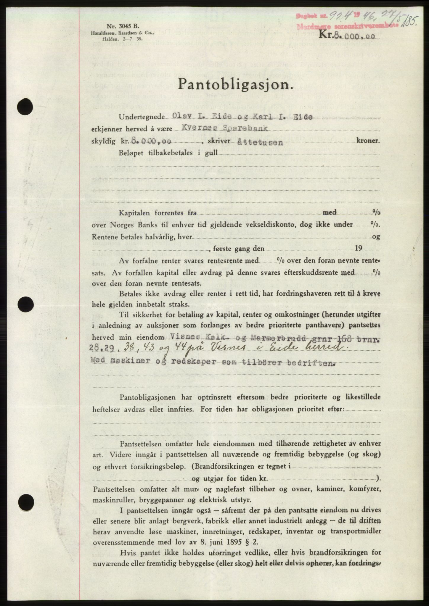 Nordmøre sorenskriveri, SAT/A-4132/1/2/2Ca: Pantebok nr. B94, 1946-1946, Dagboknr: 924/1946