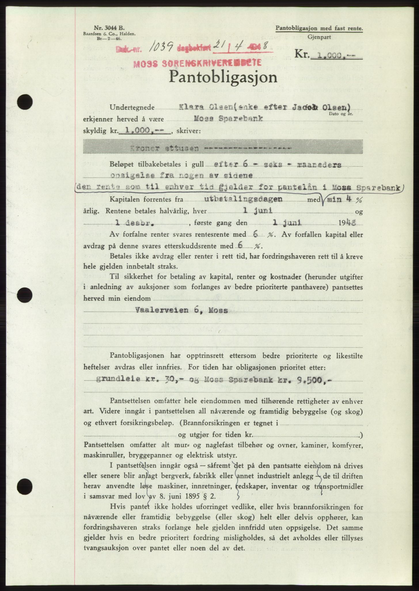 Moss sorenskriveri, SAO/A-10168: Pantebok nr. B19, 1948-1948, Dagboknr: 1039/1948