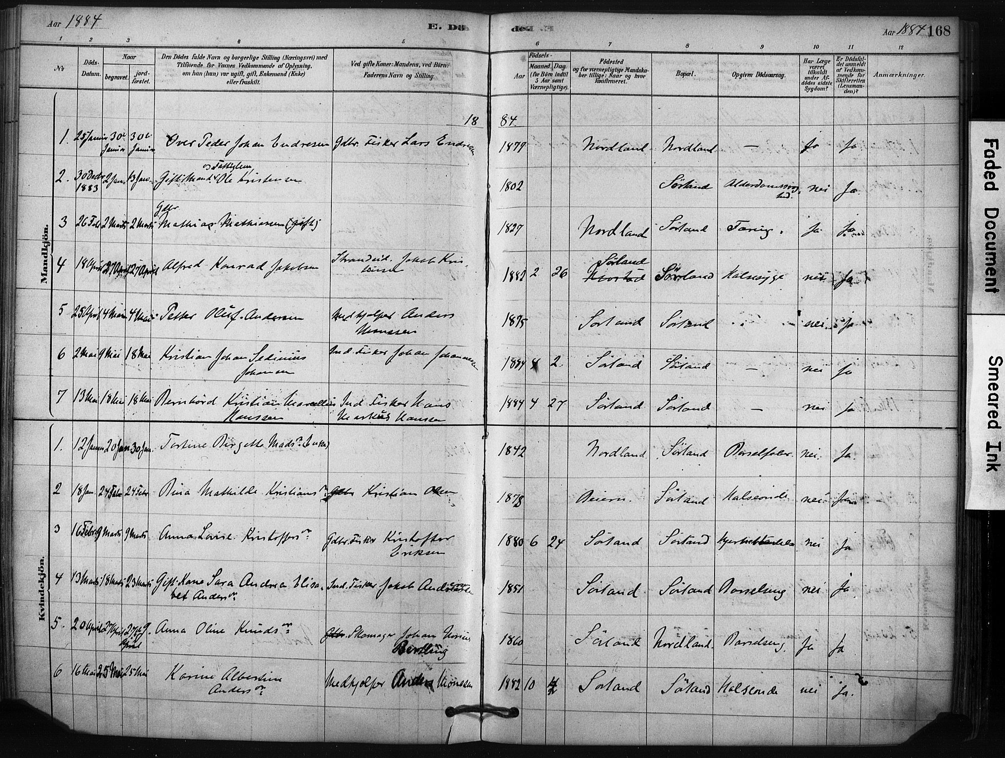 Ministerialprotokoller, klokkerbøker og fødselsregistre - Nordland, AV/SAT-A-1459/807/L0122: Ministerialbok nr. 807A05, 1880-1902, s. 168