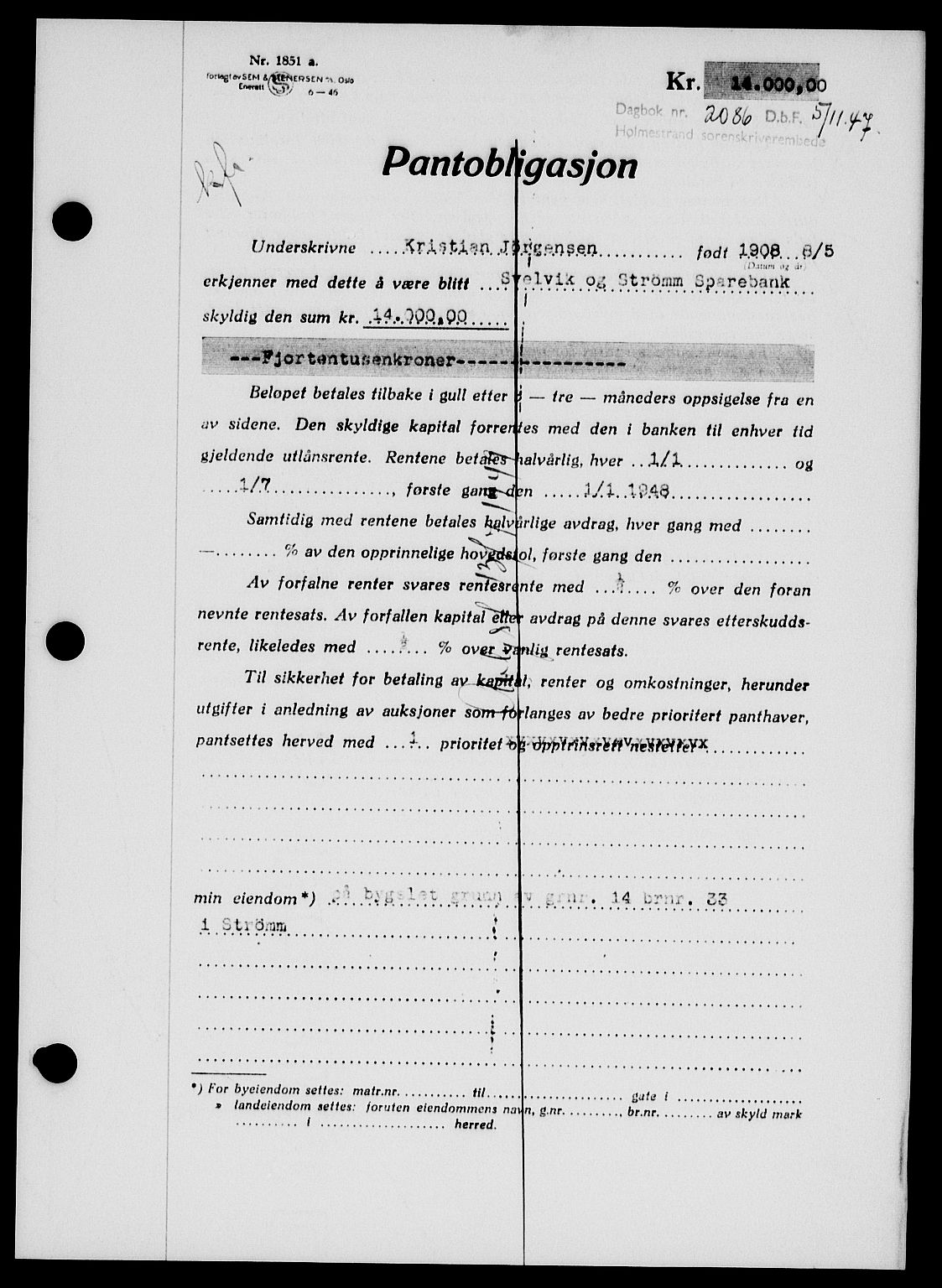 Holmestrand sorenskriveri, SAKO/A-67/G/Ga/Gab/L0058: Pantebok nr. B-58, 1947-1948, Dagboknr: 2086/1947