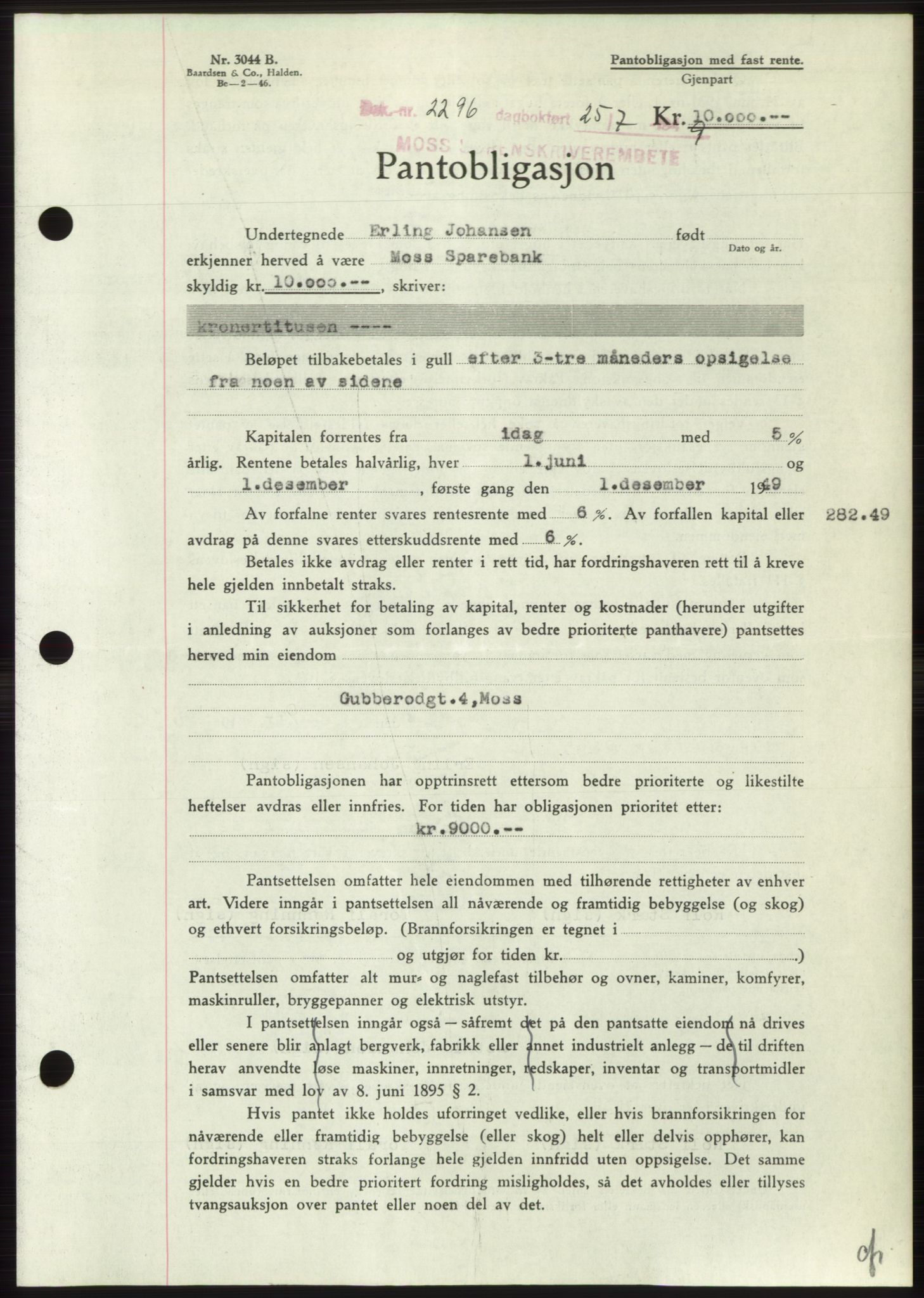 Moss sorenskriveri, SAO/A-10168: Pantebok nr. B22, 1949-1949, Dagboknr: 2296/1949