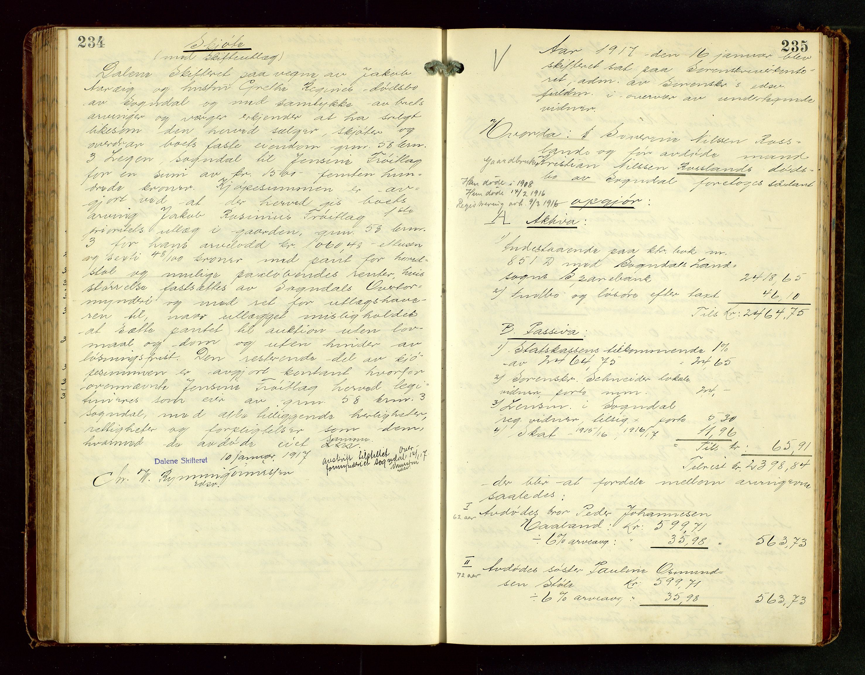 Dalane sorenskriveri, AV/SAST-A-100309/001/5/500/500BD/L0002: UTLODNINGSPROTOKOLL, 1912-1923, s. 234-235