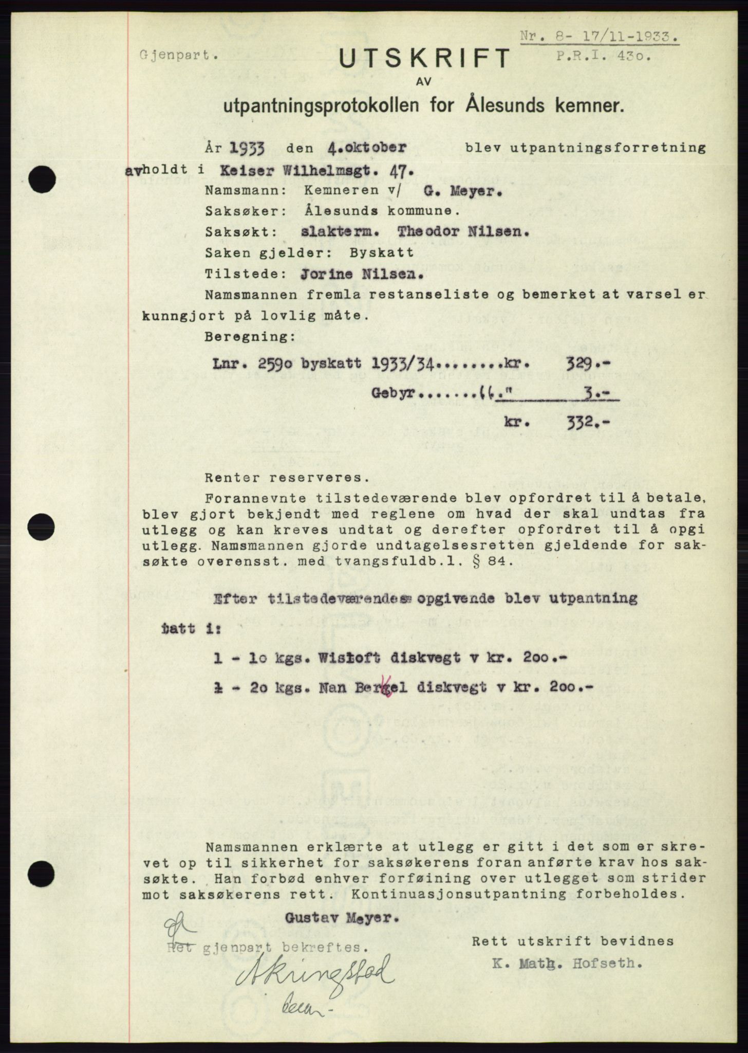 Ålesund byfogd, AV/SAT-A-4384: Pantebok nr. 31, 1933-1934, Tingl.dato: 17.11.1933