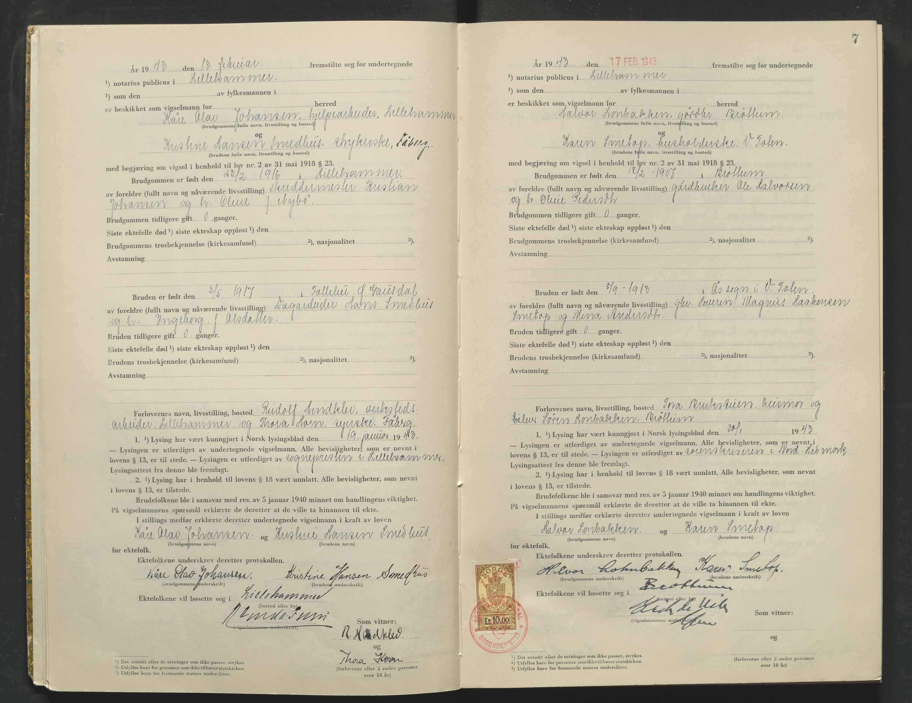 Sør-Gudbrandsdal tingrett, AV/SAH-TING-004/L/Lc/L0003: Vigselsprotokoll, 1943, s. 7
