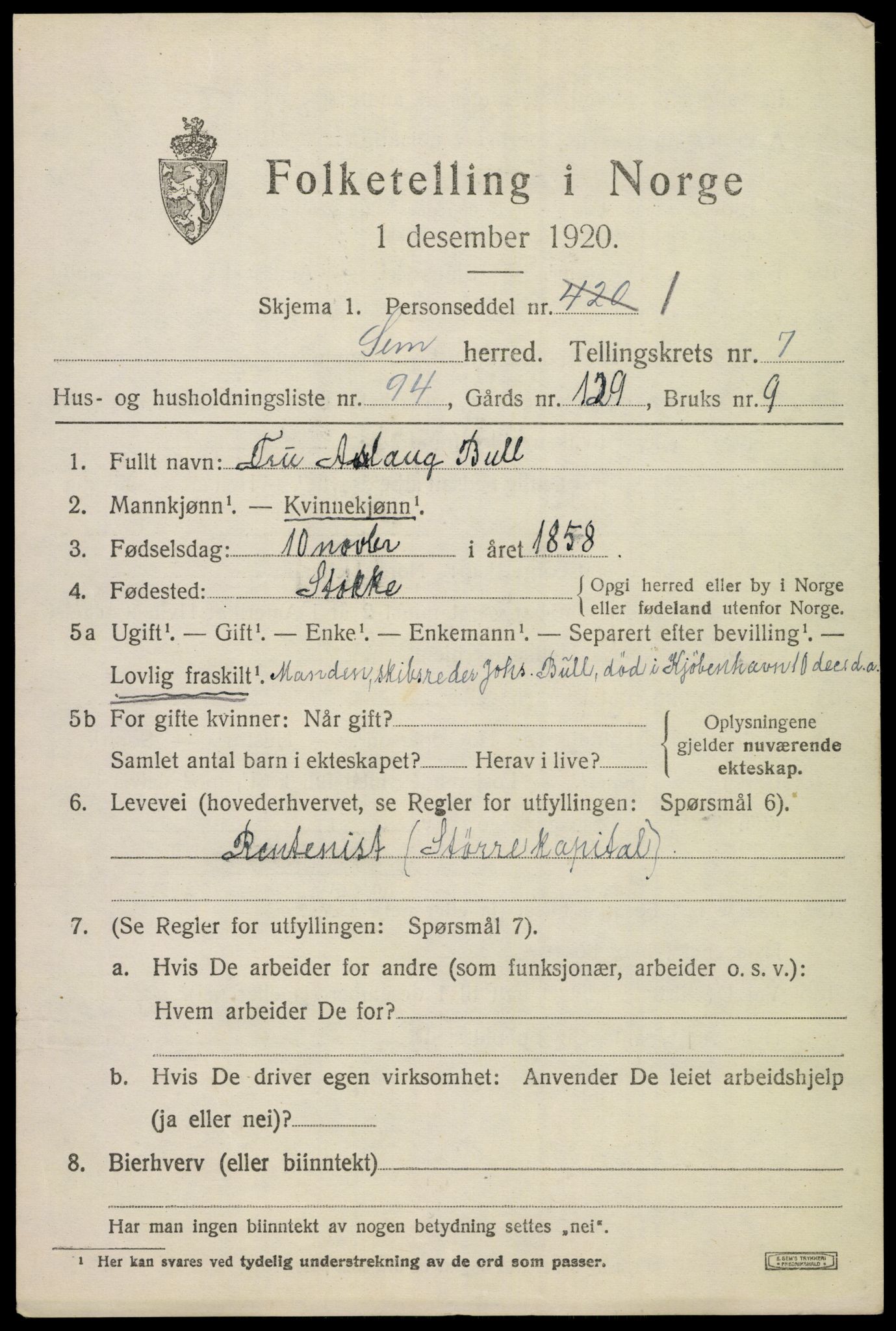 SAKO, Folketelling 1920 for 0721 Sem herred, 1920, s. 11183