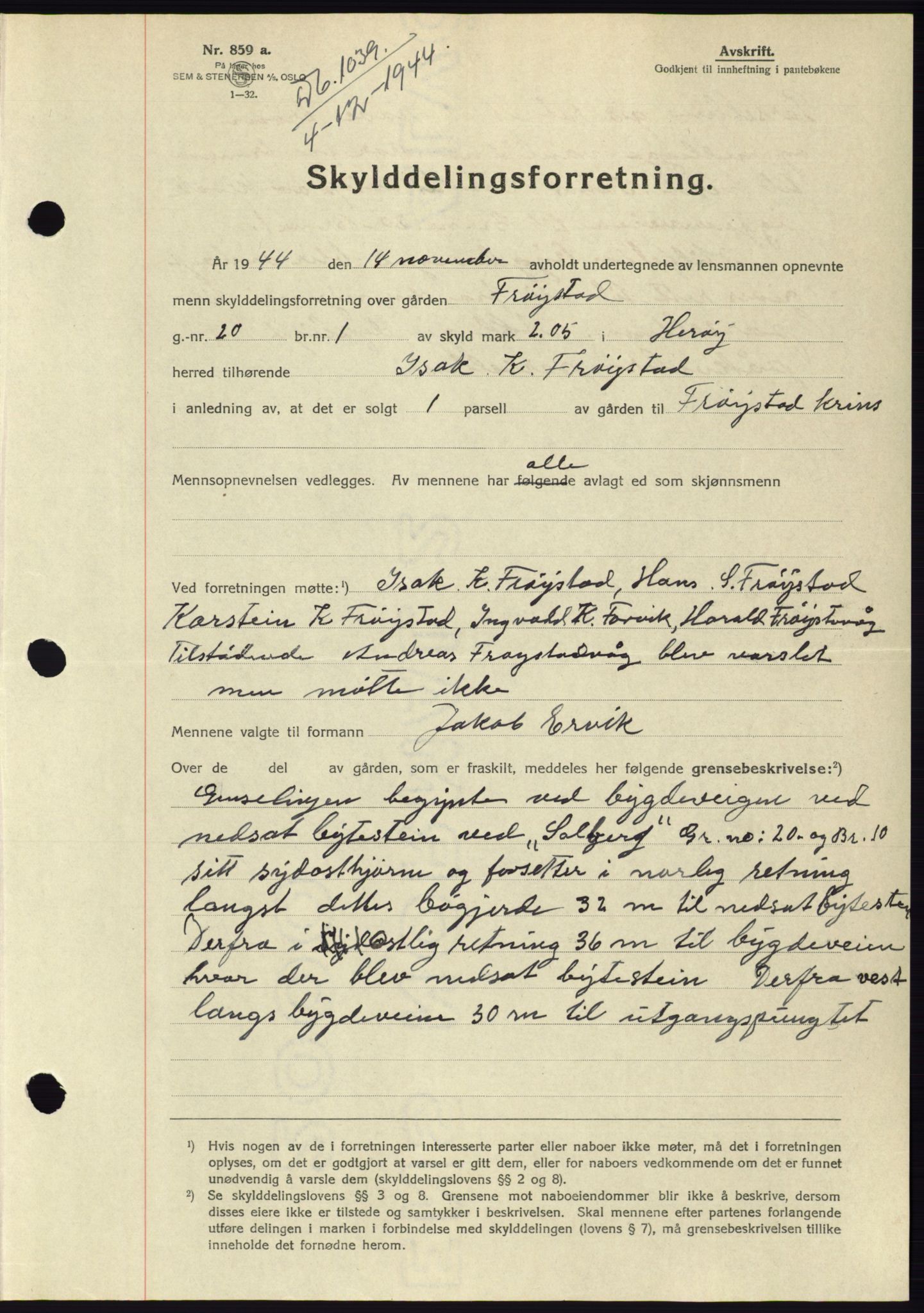 Søre Sunnmøre sorenskriveri, AV/SAT-A-4122/1/2/2C/L0076: Pantebok nr. 2A, 1943-1944, Dagboknr: 1039/1944