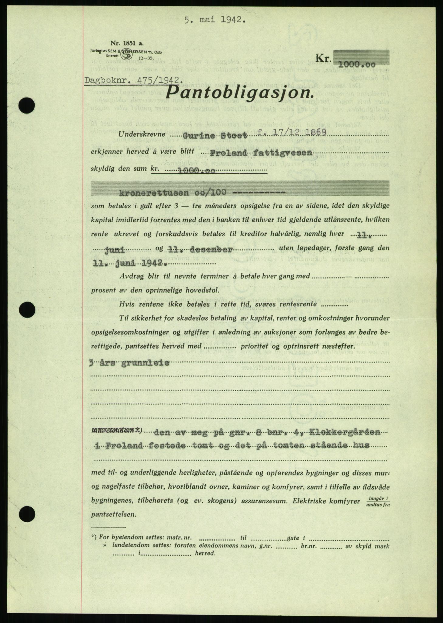 Nedenes sorenskriveri, SAK/1221-0006/G/Gb/Gbb/L0002: Pantebok nr. II, 1942-1945, Dagboknr: 475/1942