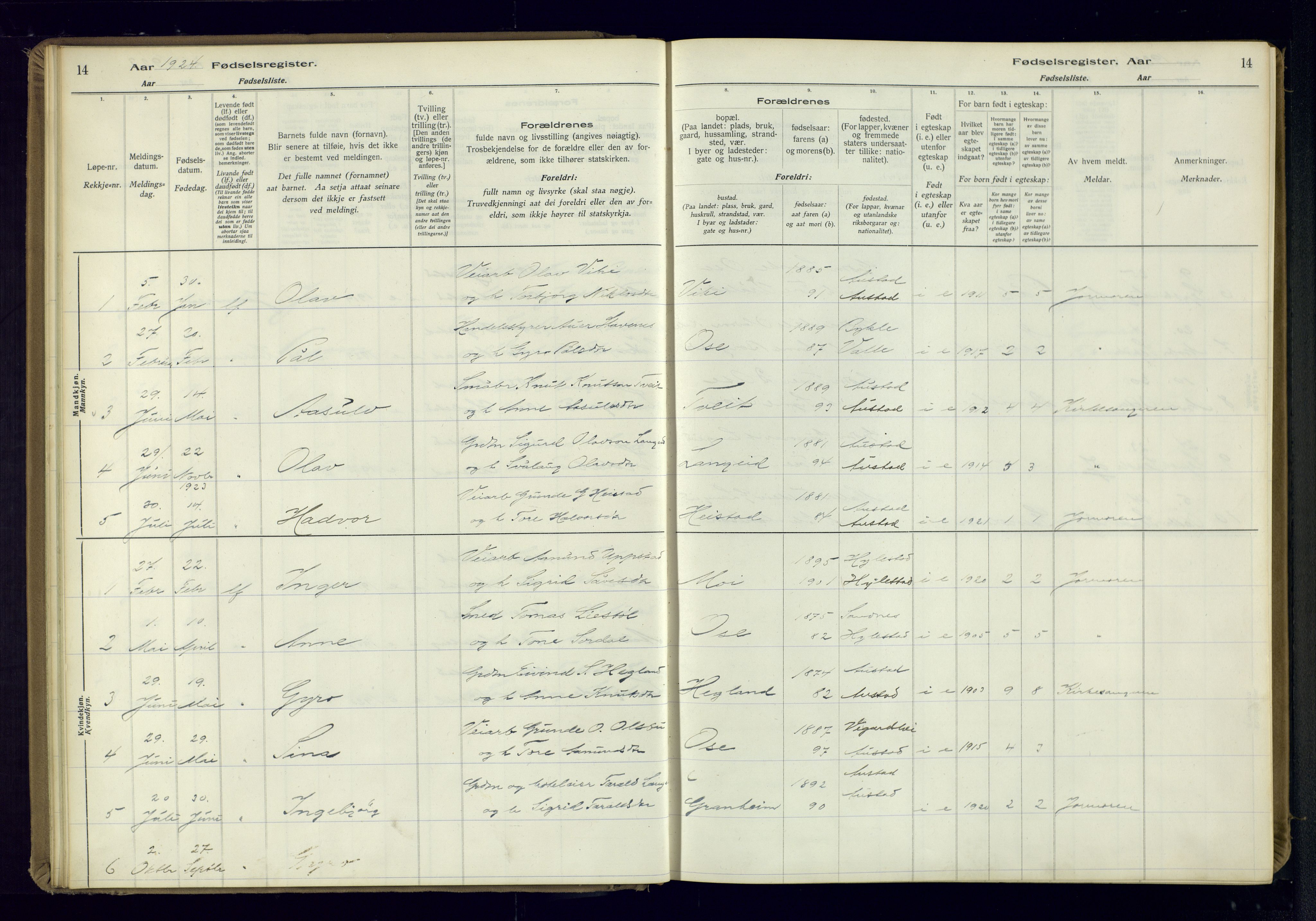 Bygland sokneprestkontor, AV/SAK-1111-0006/J/Ja/L0002: Fødselsregister nr. II.4.3, 1916-1982, s. 14